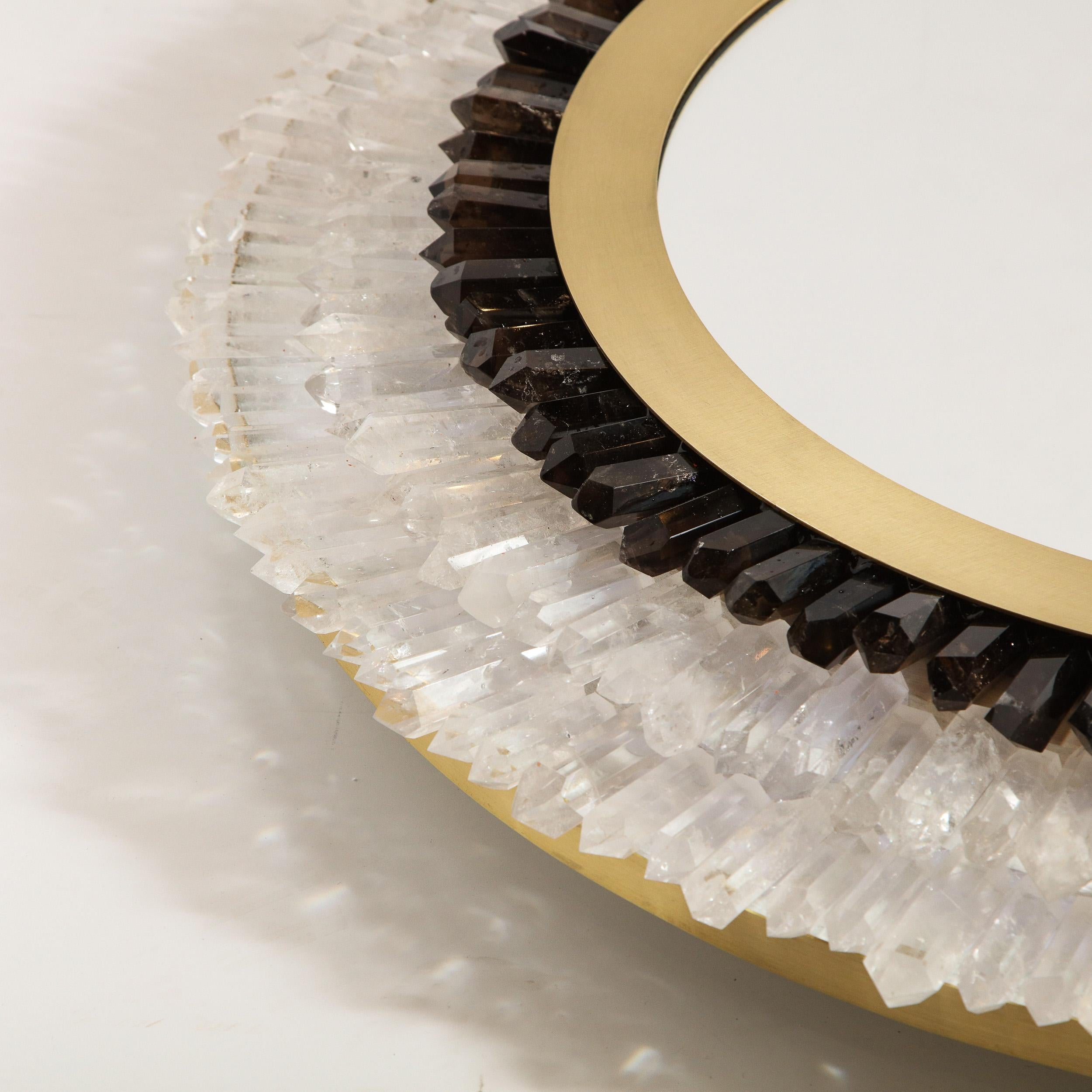 Contemporary Modernist Brushed Brass, White & Smoked Rock Crystal Circular Wall Mirror For Sale
