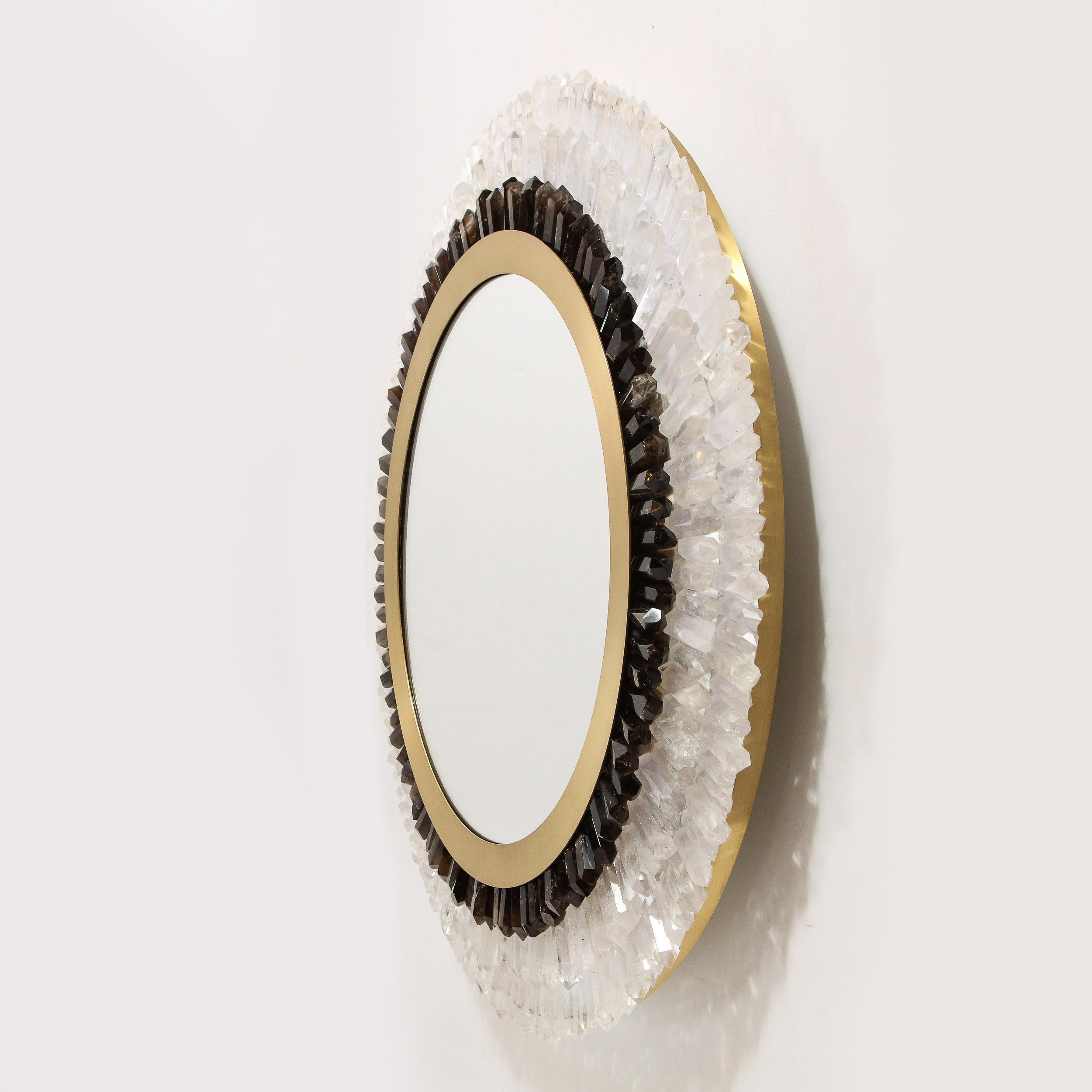 Modernist Brushed Brass, White & Smoked Rock Crystal Circular Wall Mirror For Sale 1