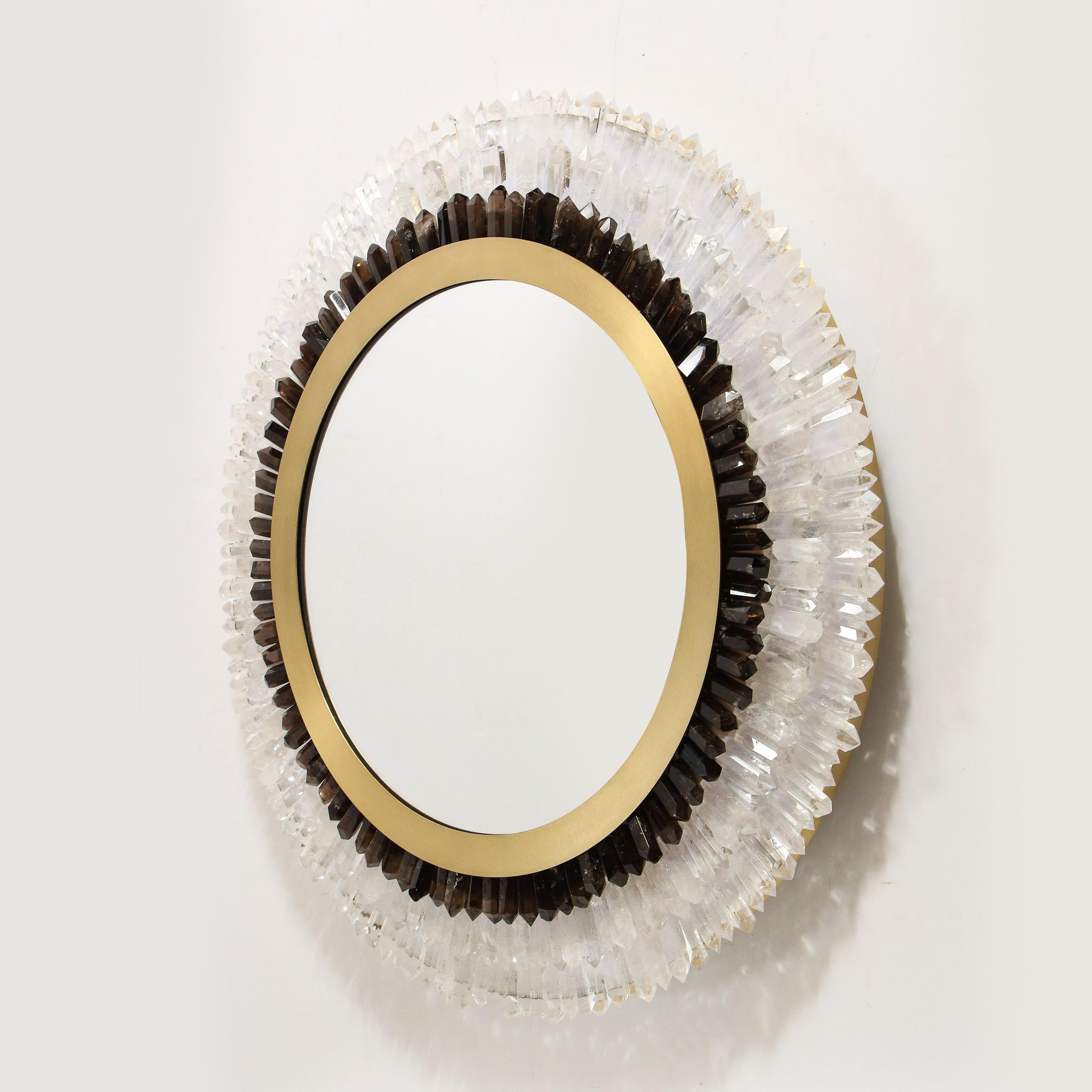 Modernist Brushed Brass, White & Smoked Rock Crystal Circular Wall Mirror For Sale 3