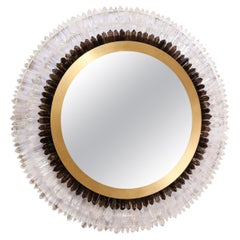 Modernist Brushed Brass, White & Smoked Rock Crystal Circular Wall Mirror