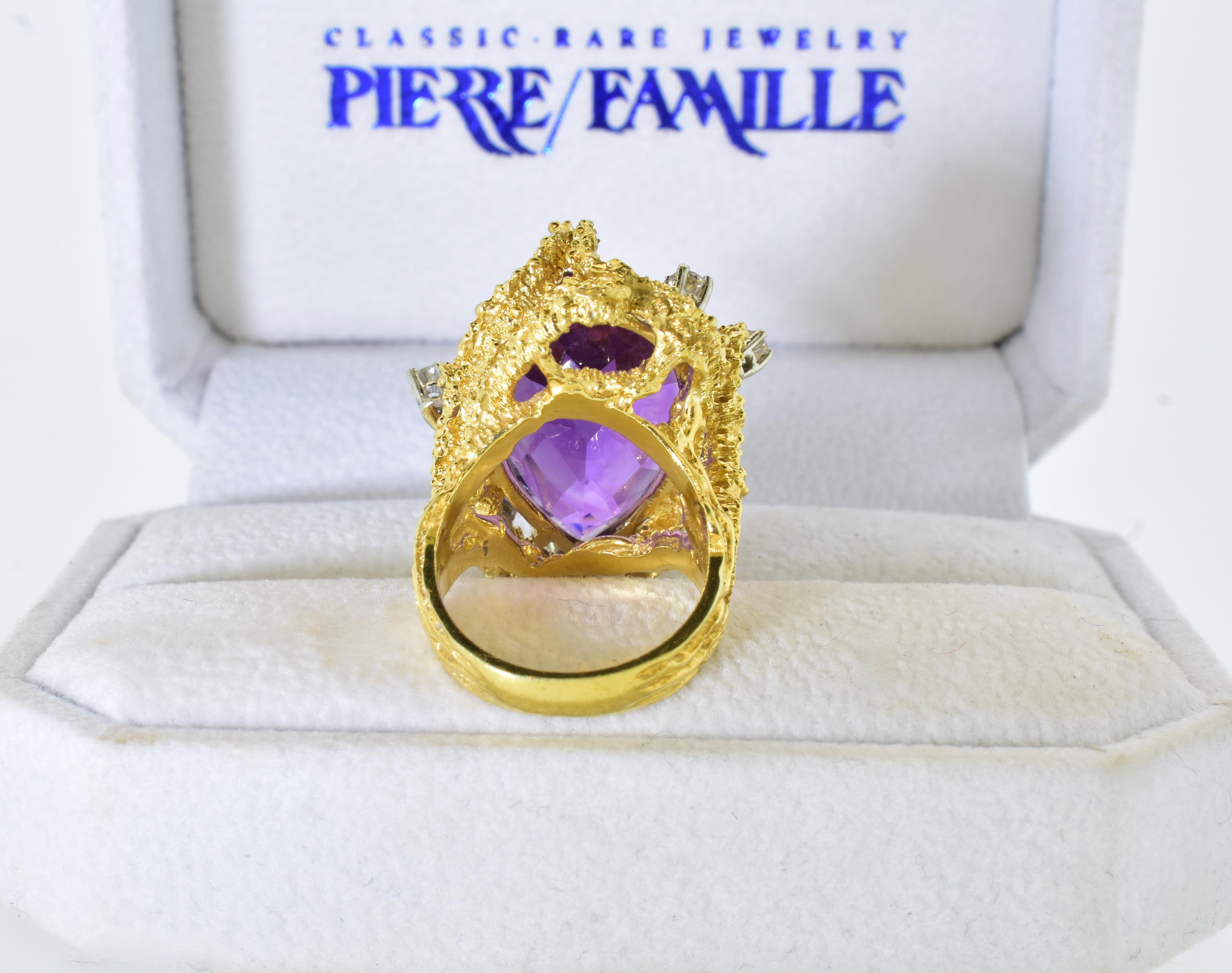 Modernist Brutalist Amethyst, Diamond and 18k Yellow Gold Ring, circa 1960 For Sale 6