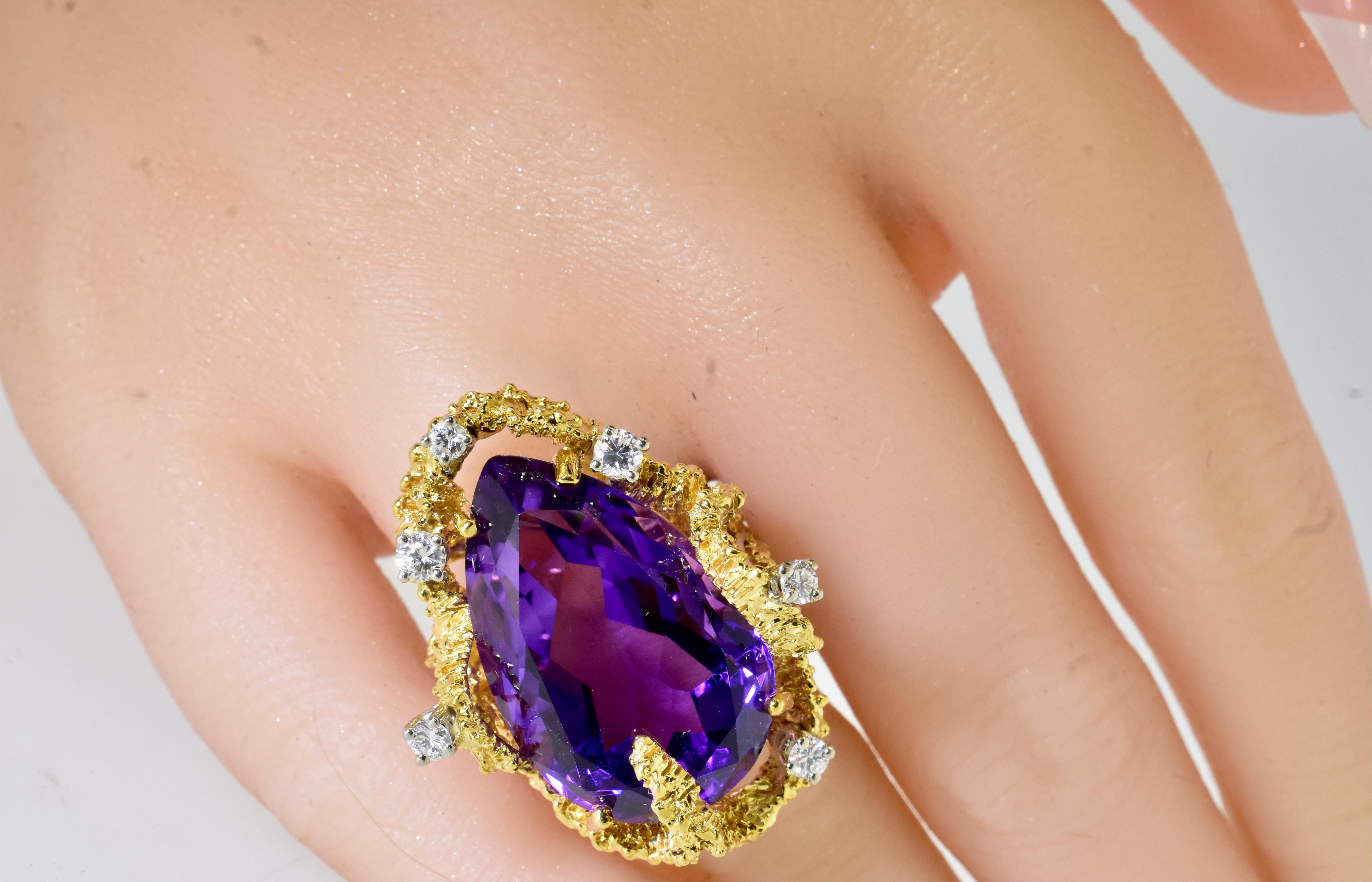 Pear Cut Modernist Brutalist Amethyst, Diamond and 18k Yellow Gold Ring, circa 1960 For Sale