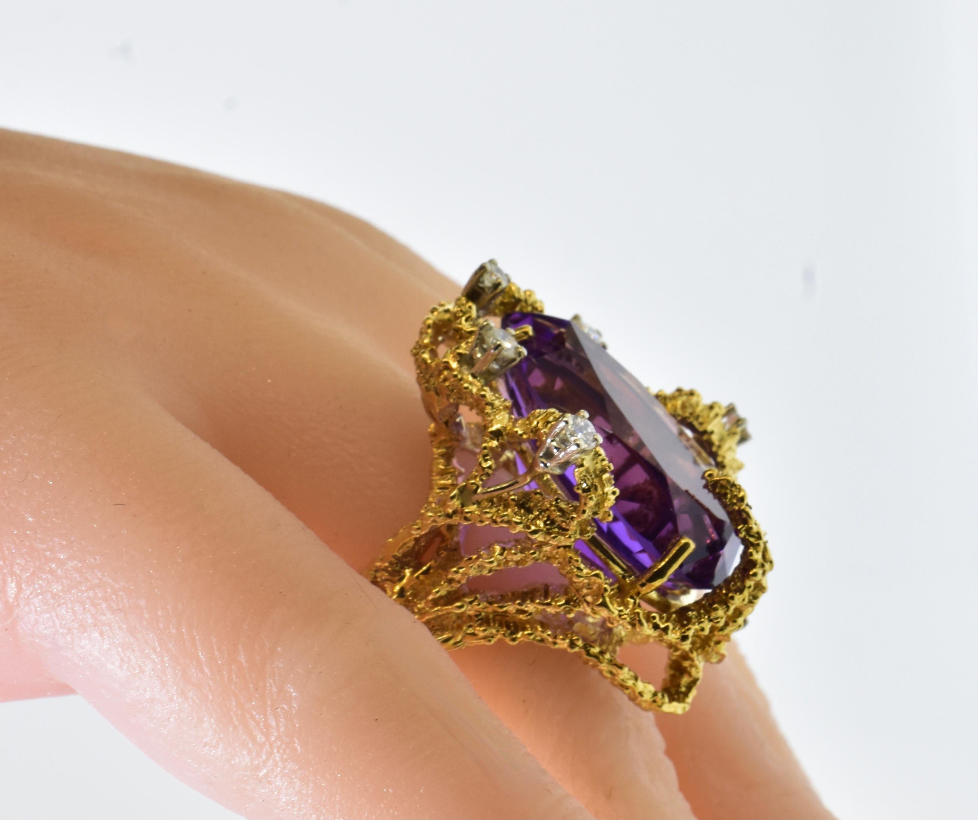 Modernist Brutalist Amethyst, Diamond and 18k Yellow Gold Ring, circa 1960 For Sale 1