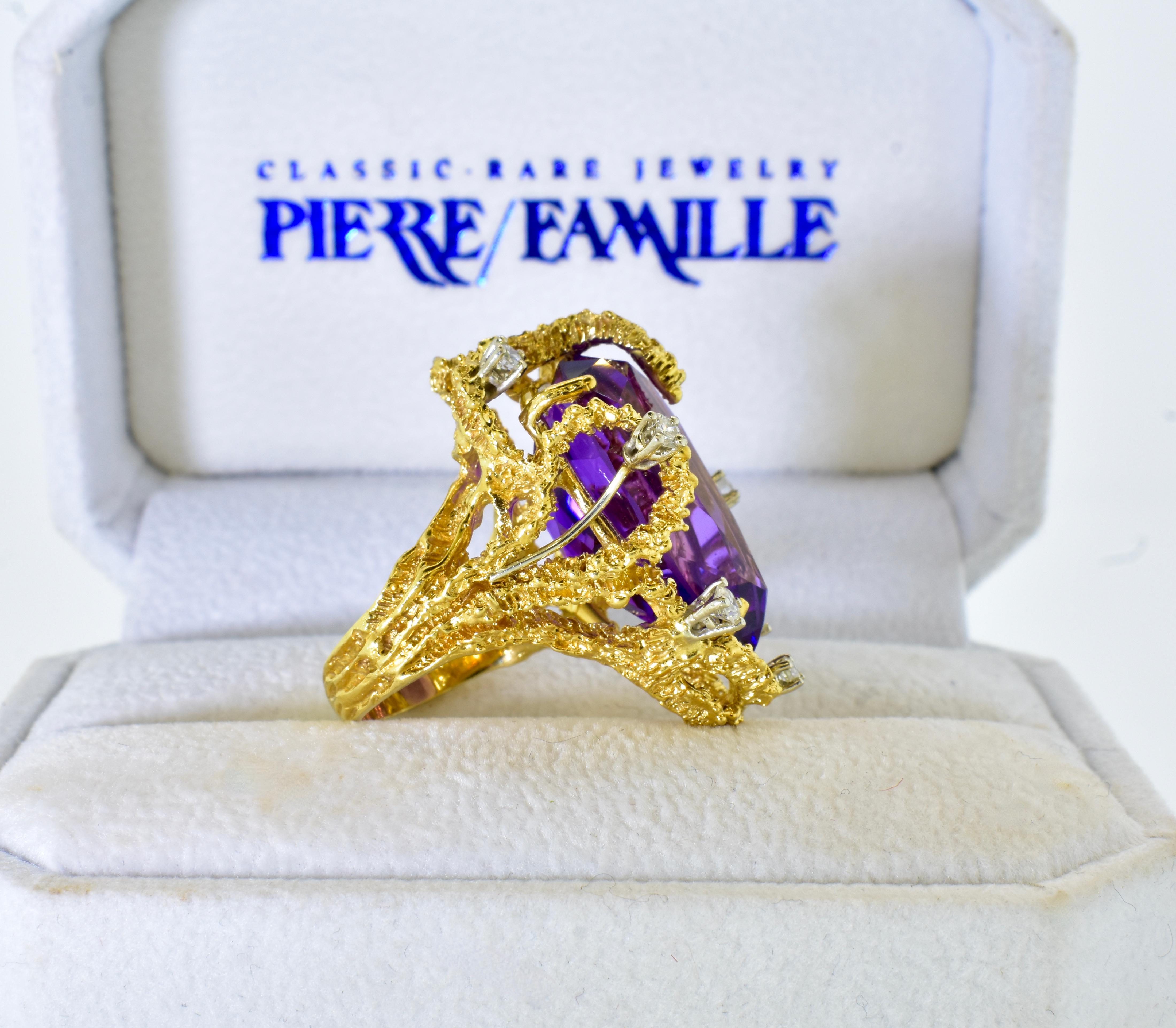 Modernist Brutalist Amethyst, Diamond and 18k Yellow Gold Ring, circa 1960 For Sale 3