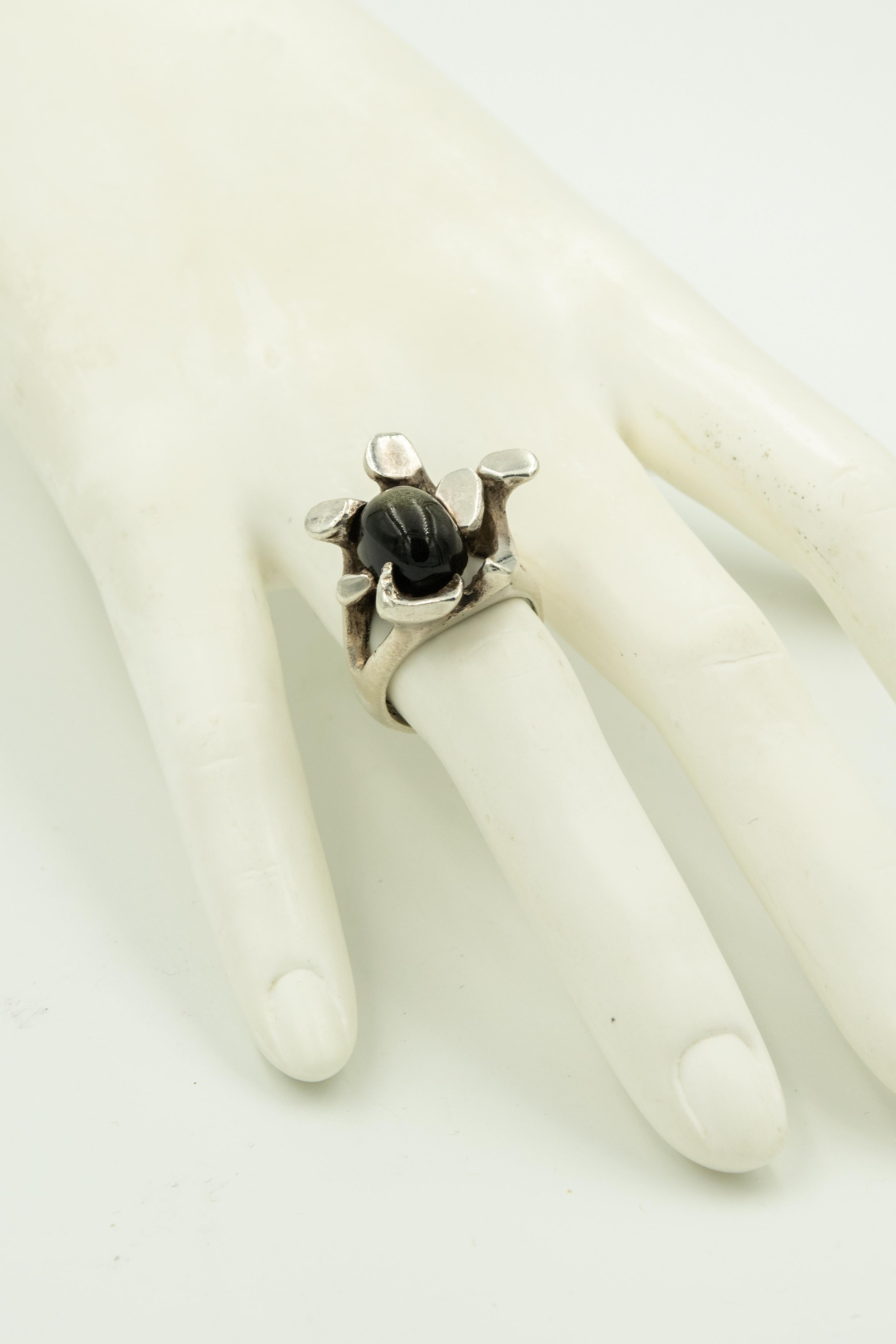 Women's or Men's Modernist Brutalist Black Sapphire Sterling Silver Ring by Mexico Designer Mateo
