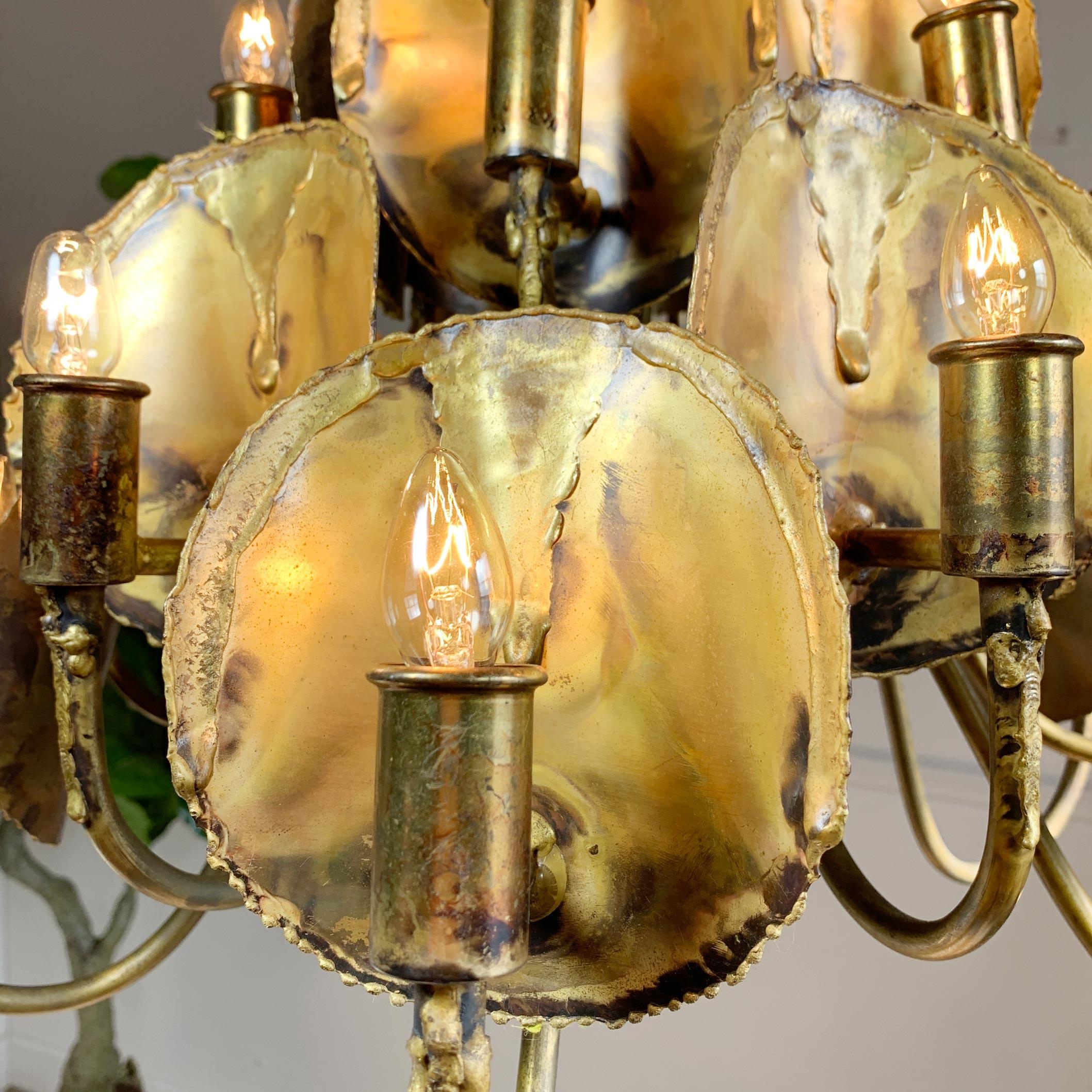 Brass Modernist Brutalist Gold Chandelier Tom Green for Feldman For Sale
