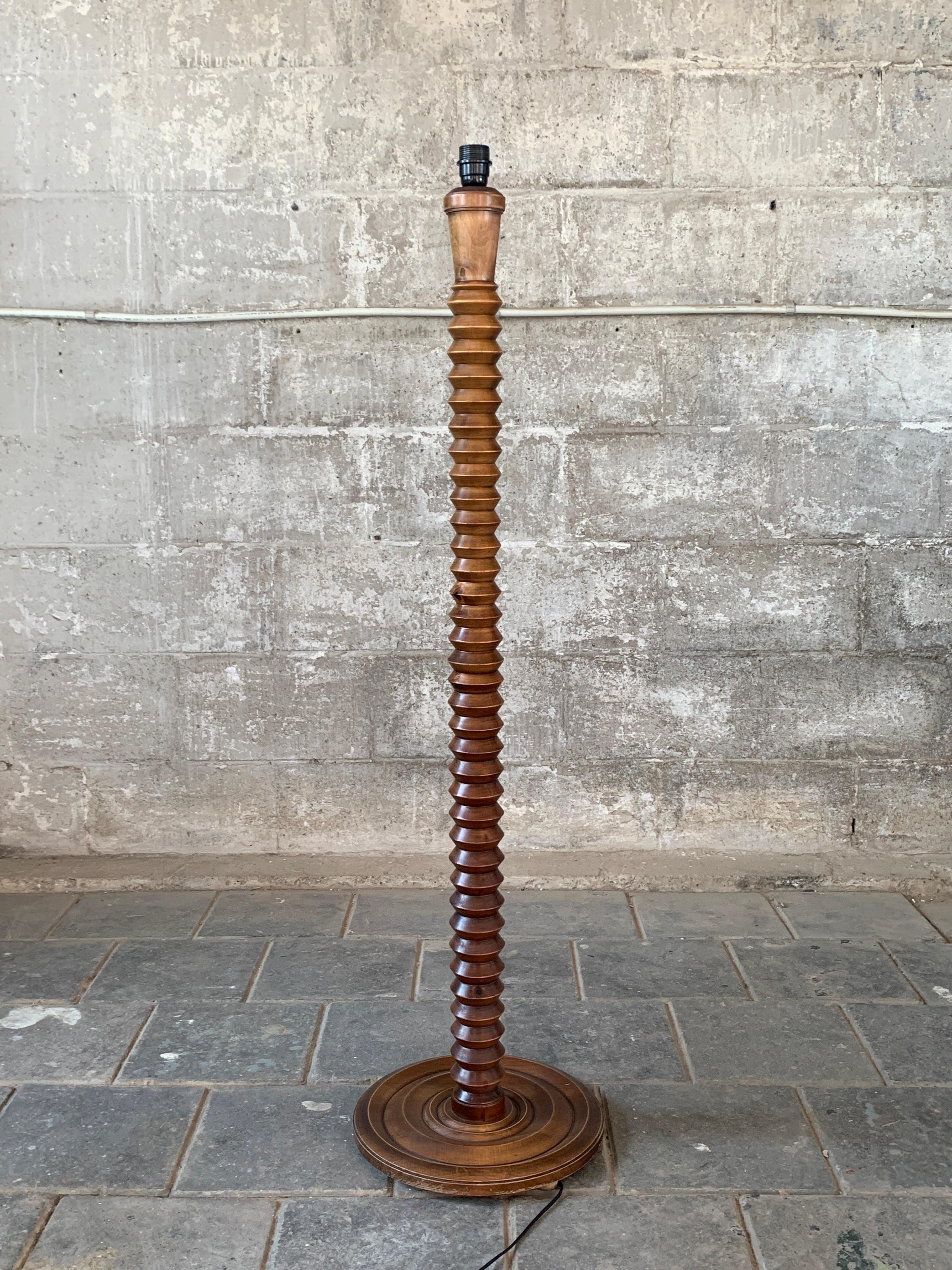 Art Deco Modernist Brutalist French Wood Turned Floor Lamp by Charles Dudouyt, 1950s