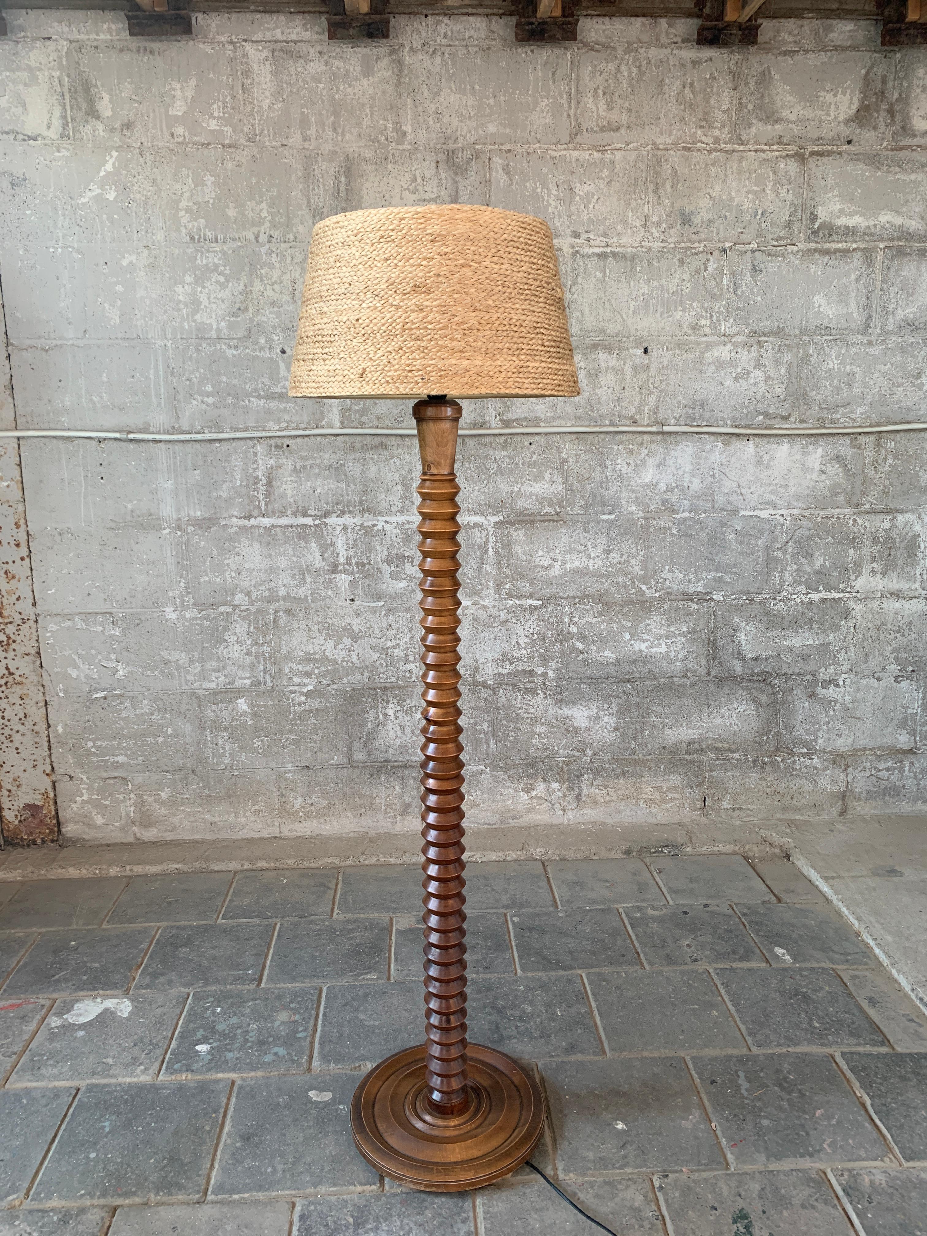 Rope Modernist Brutalist French Wood Turned Floor Lamp by Charles Dudouyt, 1950s
