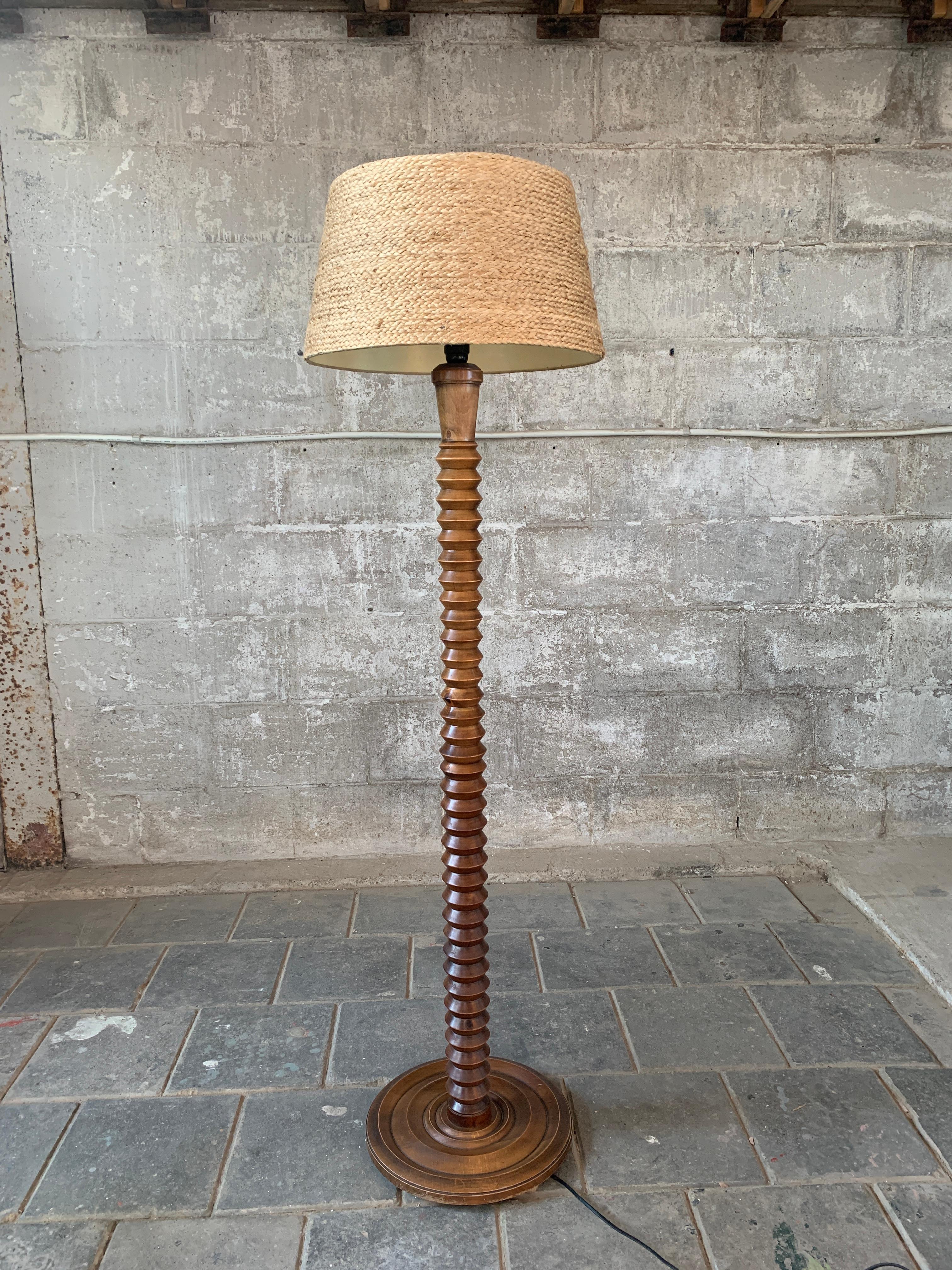 Modernist Brutalist French Wood Turned Floor Lamp by Charles Dudouyt, 1950s 1