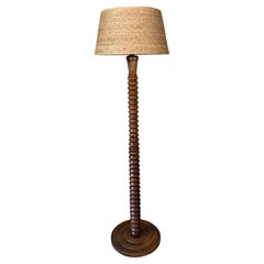 Modernist Brutalist French Wood Turned Floor Lamp by Charles Dudouyt, 1950s
