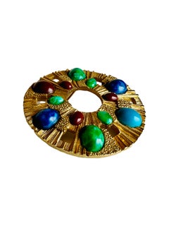 Modernist Brutalist Medallion Cabochon Gold Brooch Necklace Pendant