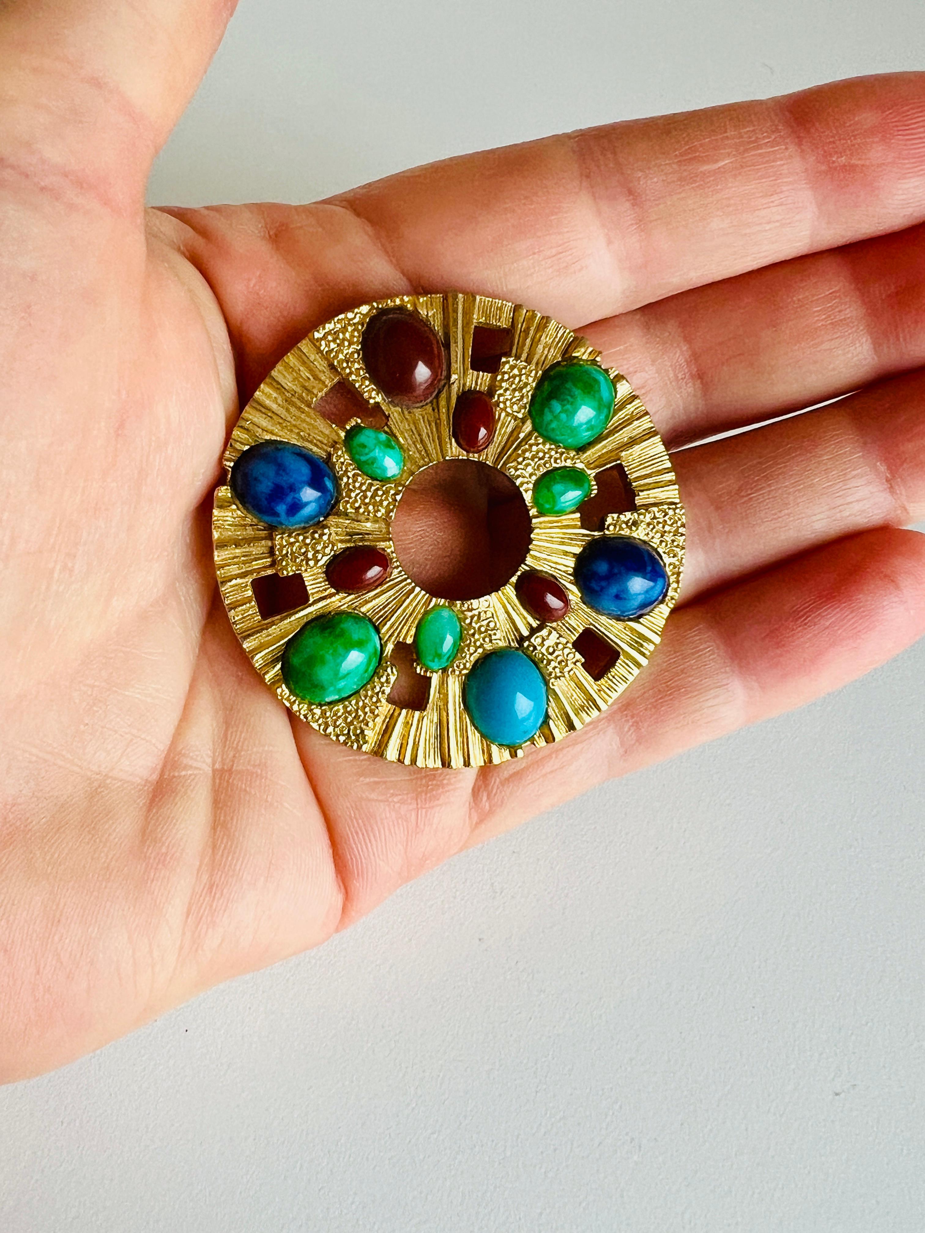 Women's Modernist Brutalist Medallion Cabochon Gold Brooch Necklace Pendant For Sale