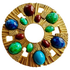 Modernist Brutalist Medallion Cabochon Gold Brooch Necklace Pendant