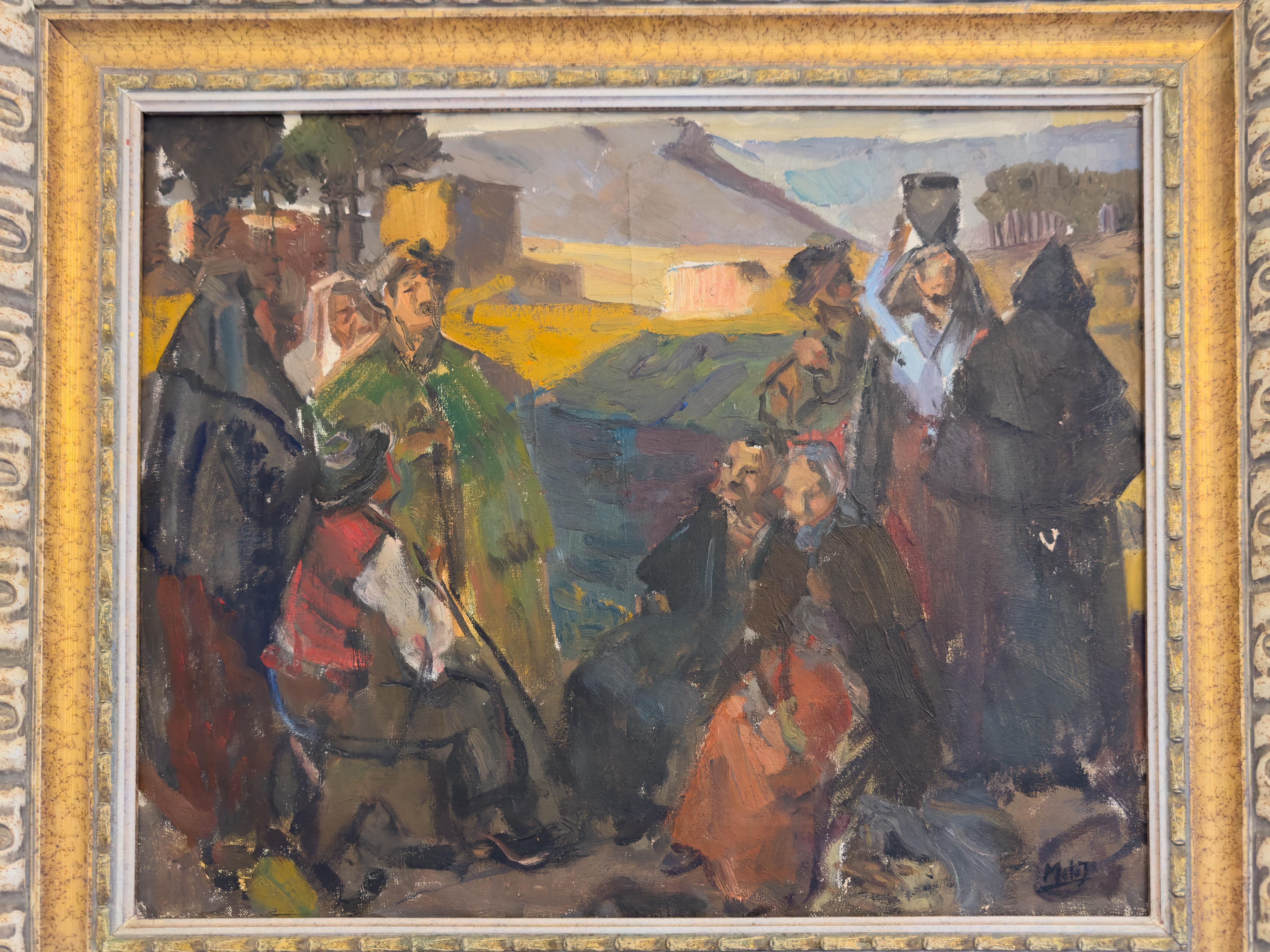 Pittura ad olio bucolica modernista di Mello Junior, Portogallo, tela 1946 in vendita 3