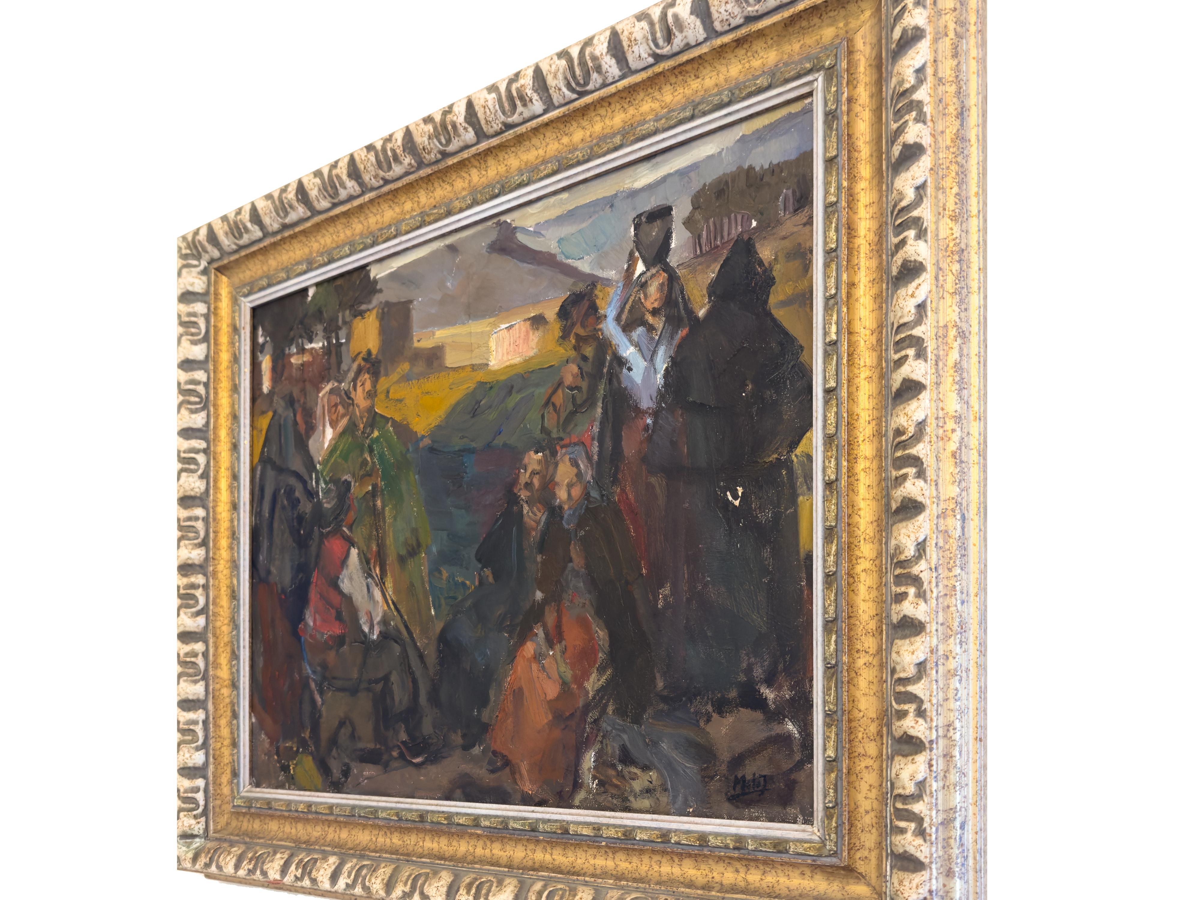 Pittura ad olio bucolica modernista di Mello Junior, Portogallo, tela 1946 in vendita 5