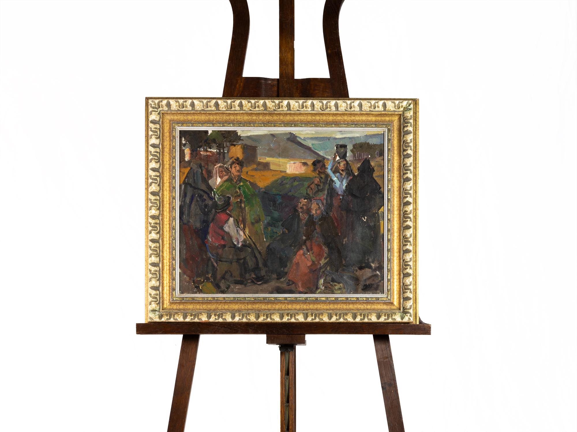 Questo dipinto a olio bucolico modernista, realizzato nel 1946 dall'artista portoghese Agostinho de Mello Júnior (firmato Melo J), offre uno sguardo accattivante sulla vita della comunità rurale. 
Dipinta in uno stile figurativo e astratto tipico
