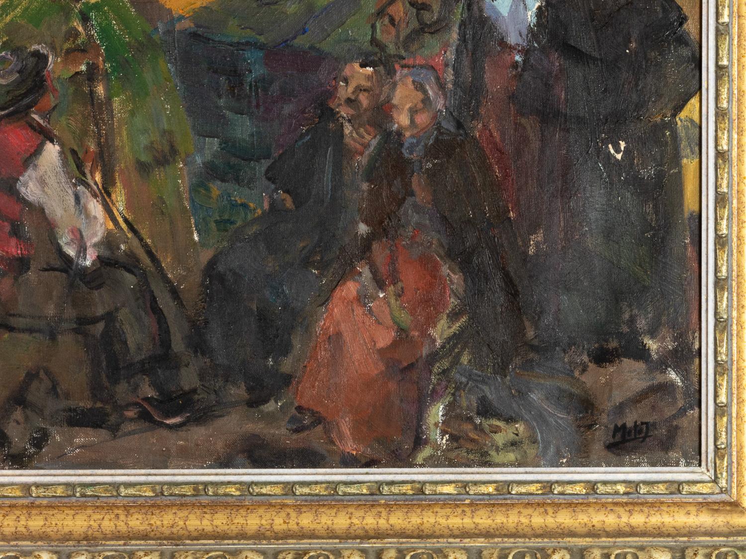 Pittura ad olio bucolica modernista di Mello Junior, Portogallo, tela 1946 In condizioni buone in vendita a Lisbon, PT