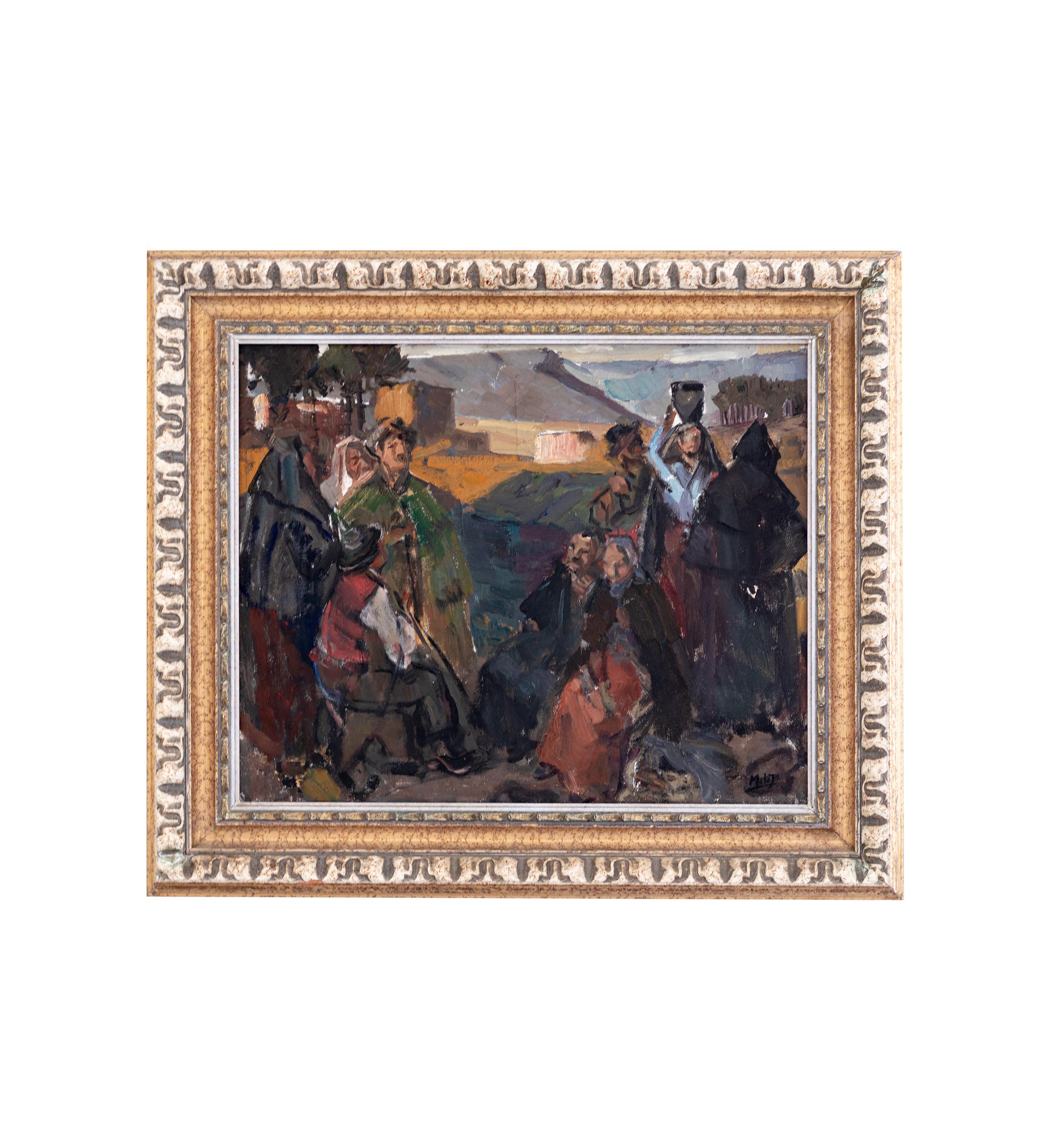 XX secolo Pittura ad olio bucolica modernista di Mello Junior, Portogallo, tela 1946 in vendita