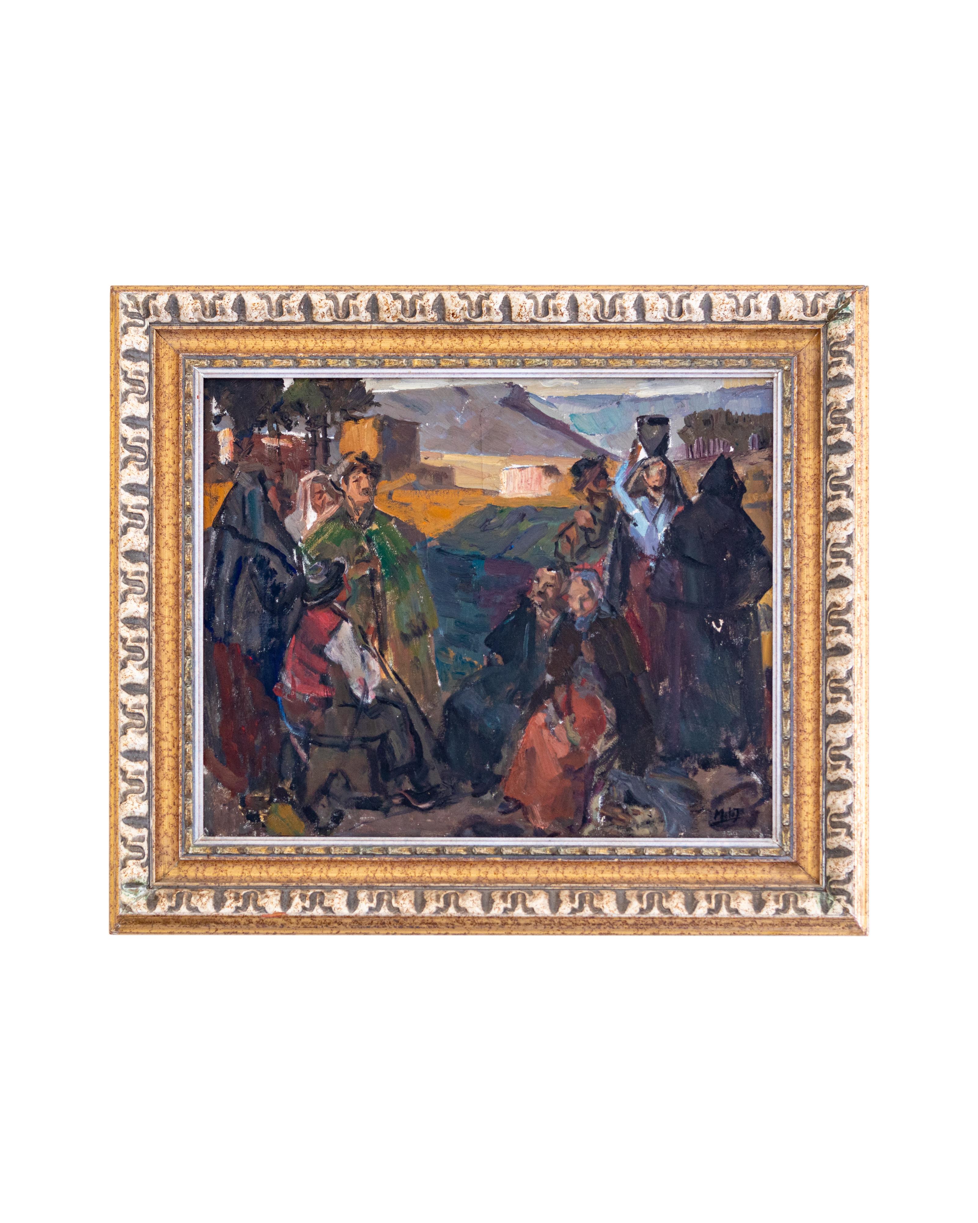 Pittura ad olio bucolica modernista di Mello Junior, Portogallo, tela 1946 in vendita 1