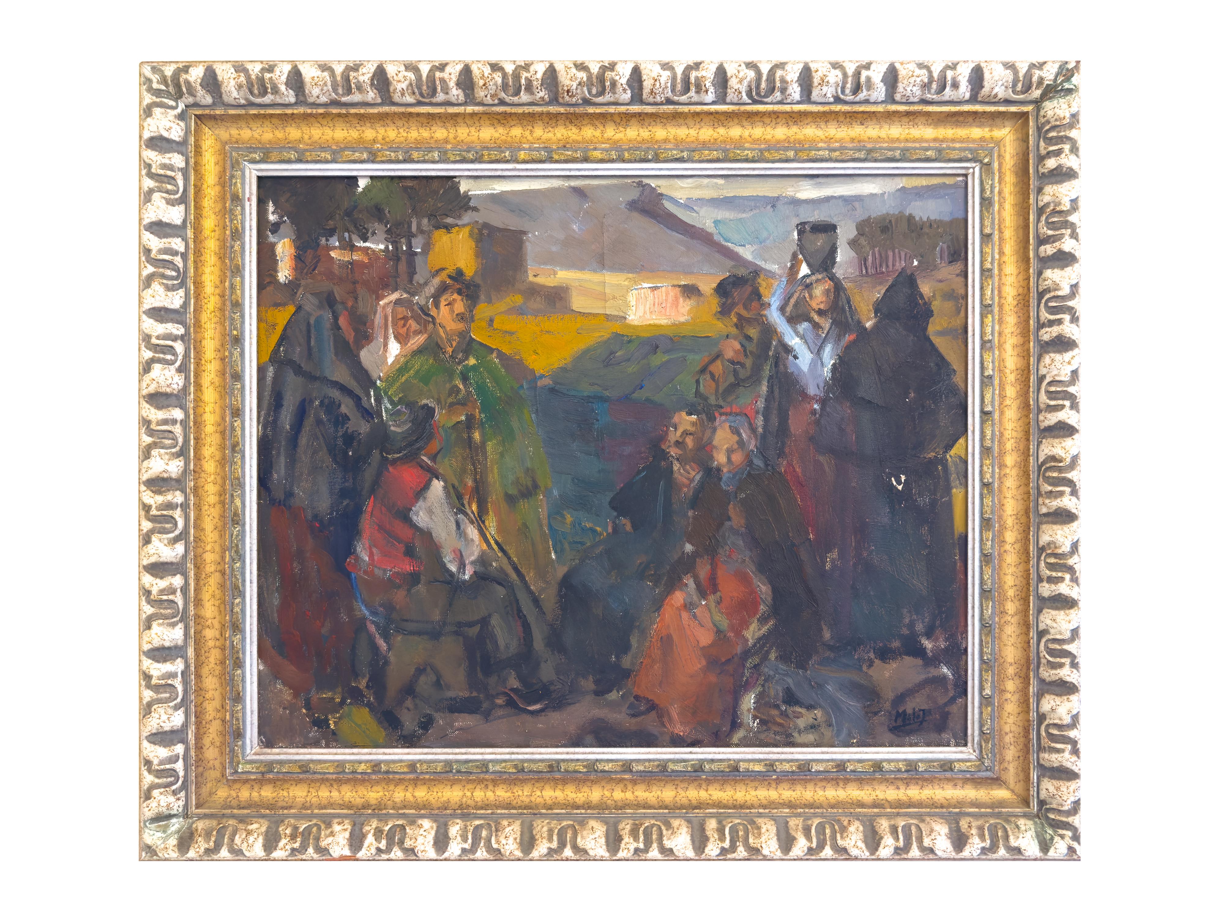 Pittura ad olio bucolica modernista di Mello Junior, Portogallo, tela 1946 in vendita 2