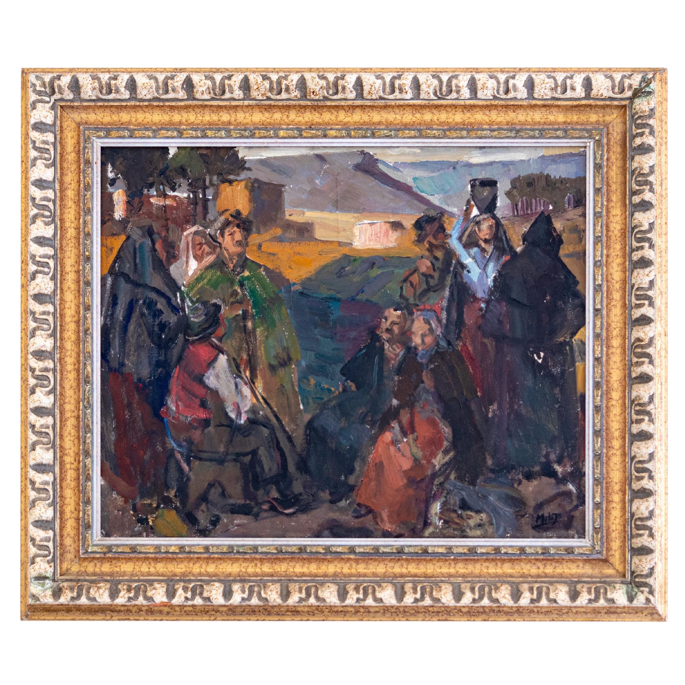 Modernist Bucolic Oil Painting By Mello Junior, Portugal, Canvas 1946