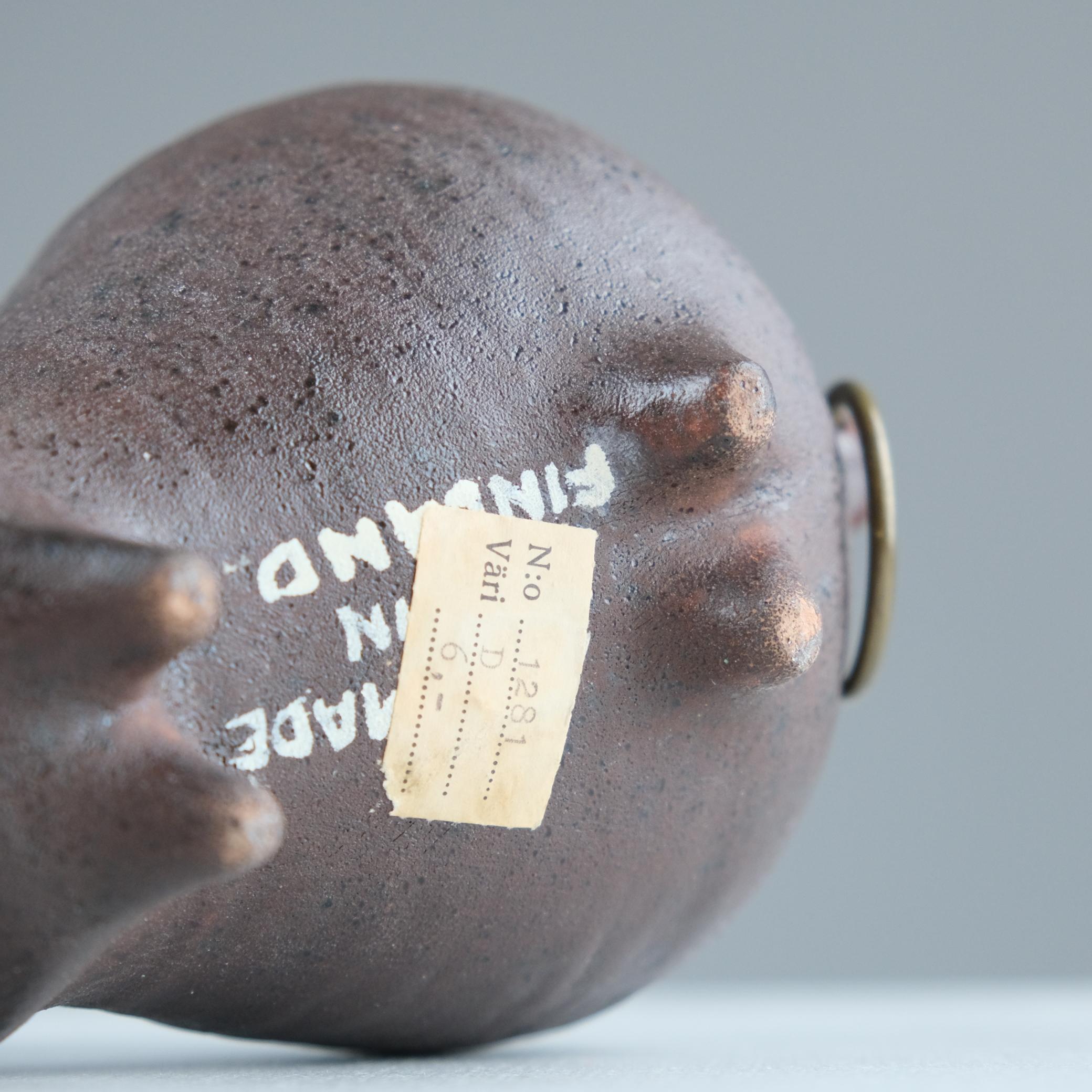 Modernist Bull Figurine by Viljo Mäkinen in Red Clay & Brass, Finland 1960s For Sale 4