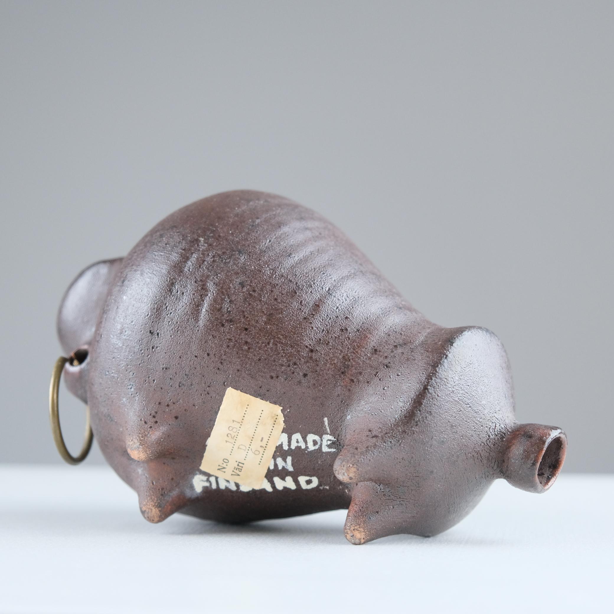 Modernist Bull Figurine by Viljo Mäkinen in Red Clay & Brass, Finland 1960s For Sale 5