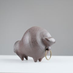 Modernist Bull Figurine by Viljo Mäkinen in Red Clay & Brass, Finland 1960s