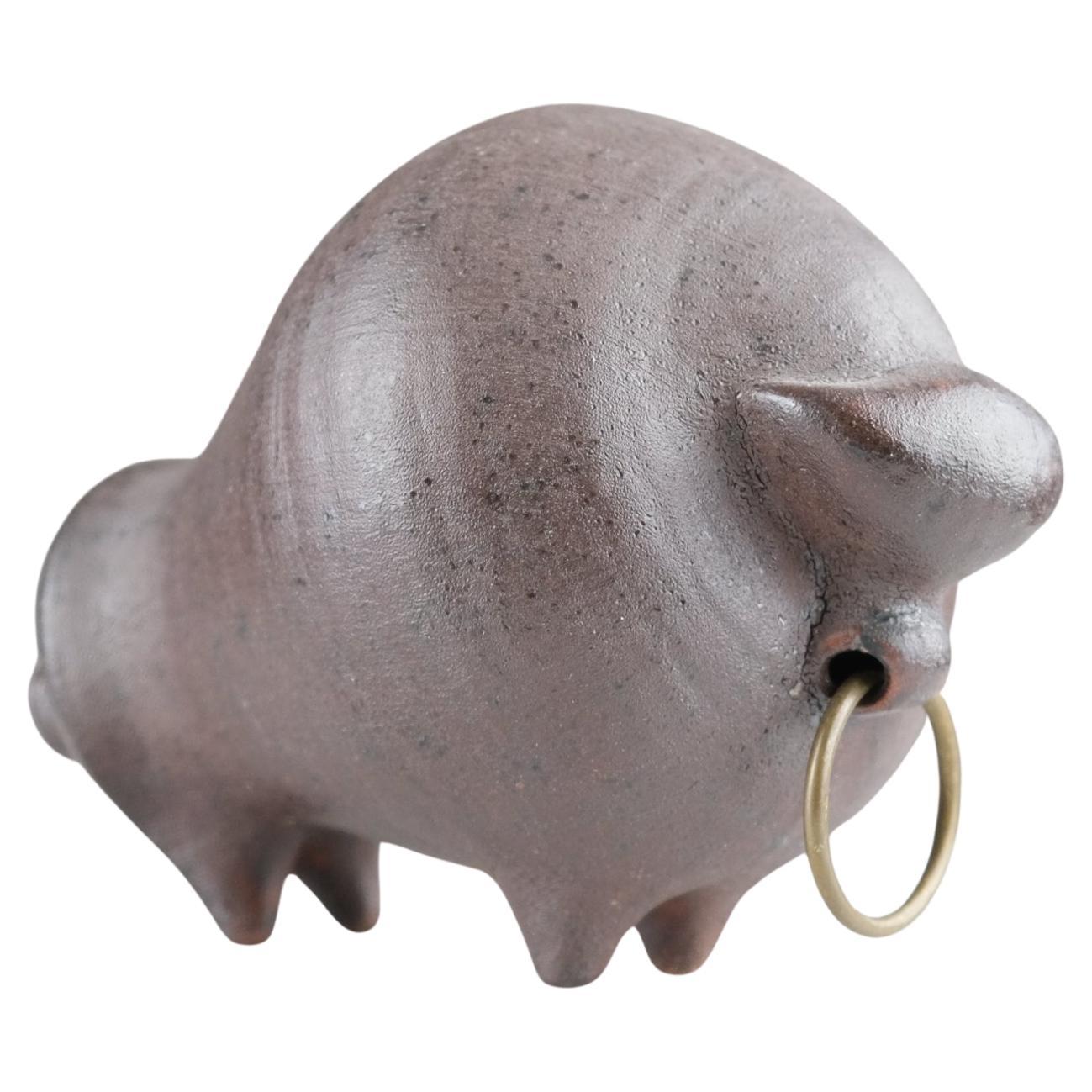Modernist Bull Figurine by Viljo Mäkinen in Red Clay & Brass, Finland 1960s For Sale