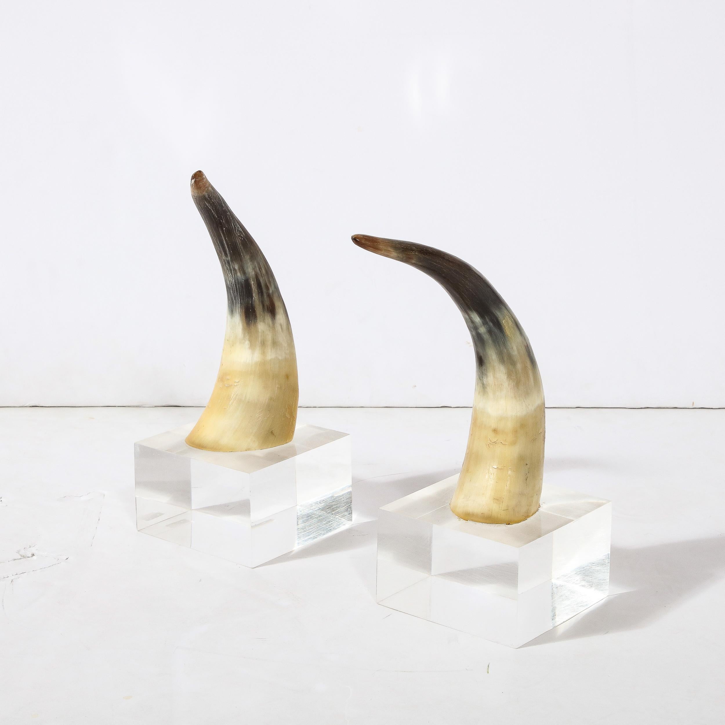 Modernist Bull Horn Bookends on Rectilinear Lucite Bases Manner of Karl Springer In Excellent Condition In New York, NY