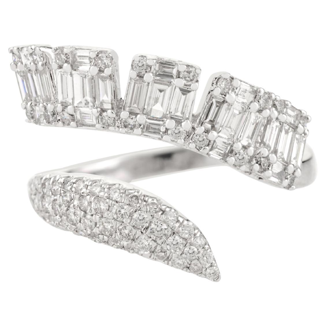 in vendita:  Modernist Bypass Ring in 14K White Gold with Brilliant & Emerald-Cut Diamonds