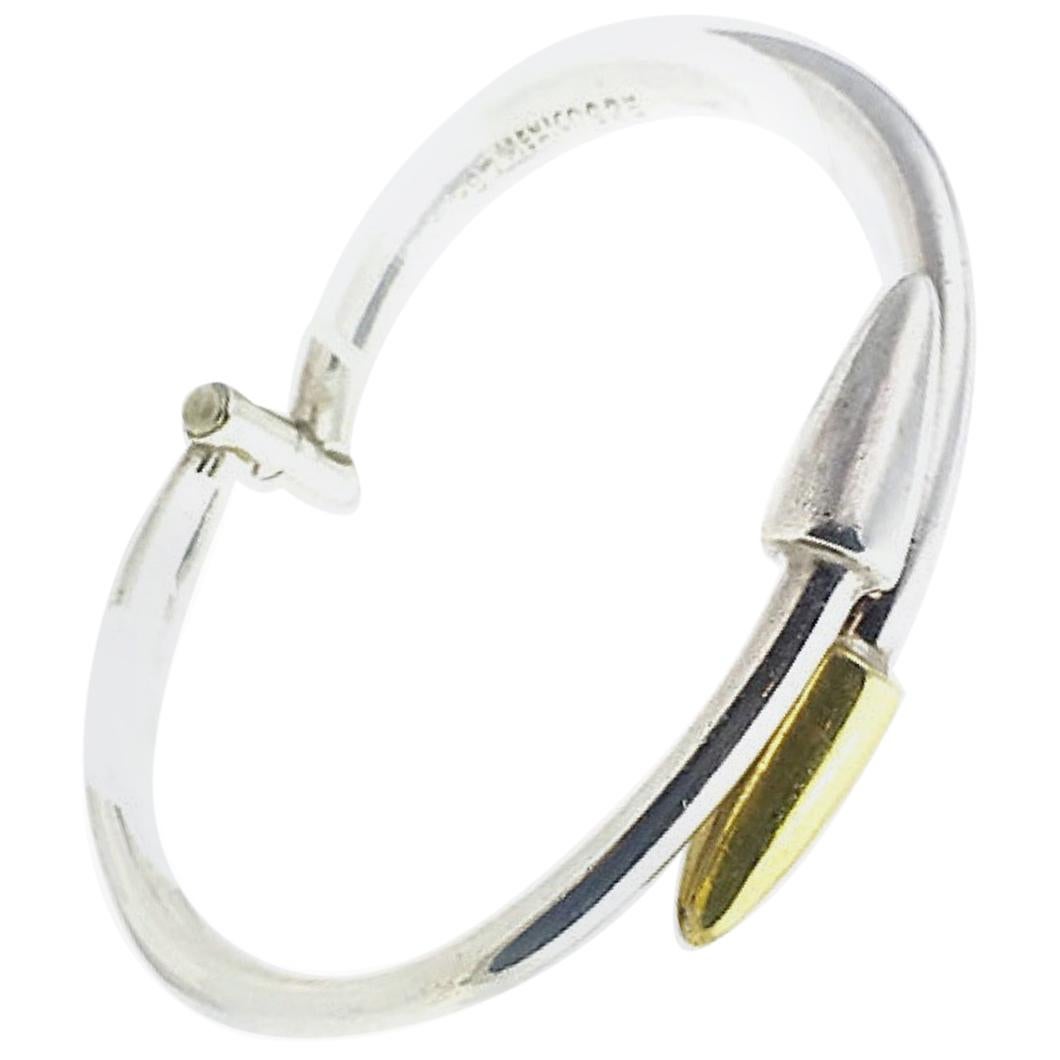 Modernist Bypass Spike Sterling Silver and Brass Crossover Bangle Bracelet For Sale