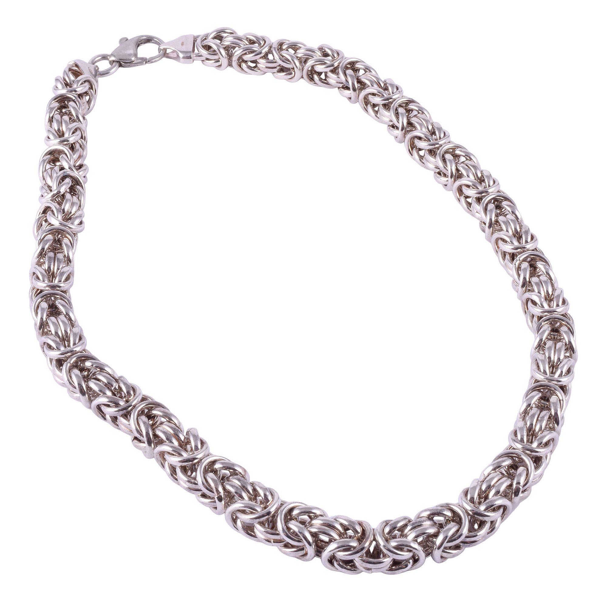 Estate American Modernist Byzantine sterling silver necklace. This Modernist sterling silver necklace features a woven style called Byzantine. The sterling silver Byzantine square chain necklace weighs 107.4 grams. [SJ 1094 P]

Dimensions
15