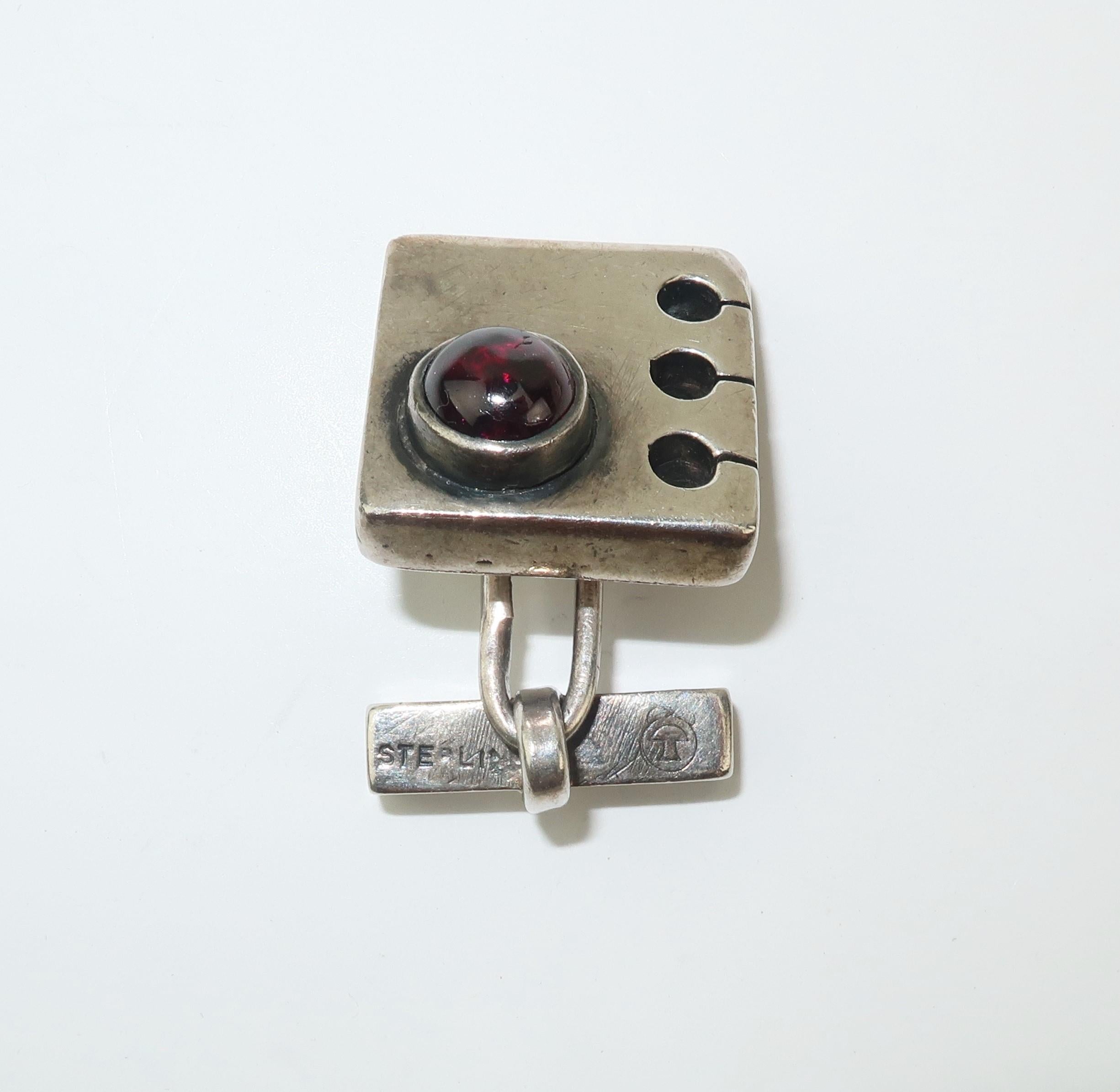 Modernist C.1950 Sam Kramer Sterling Silver & Garnet Cufflinks 2