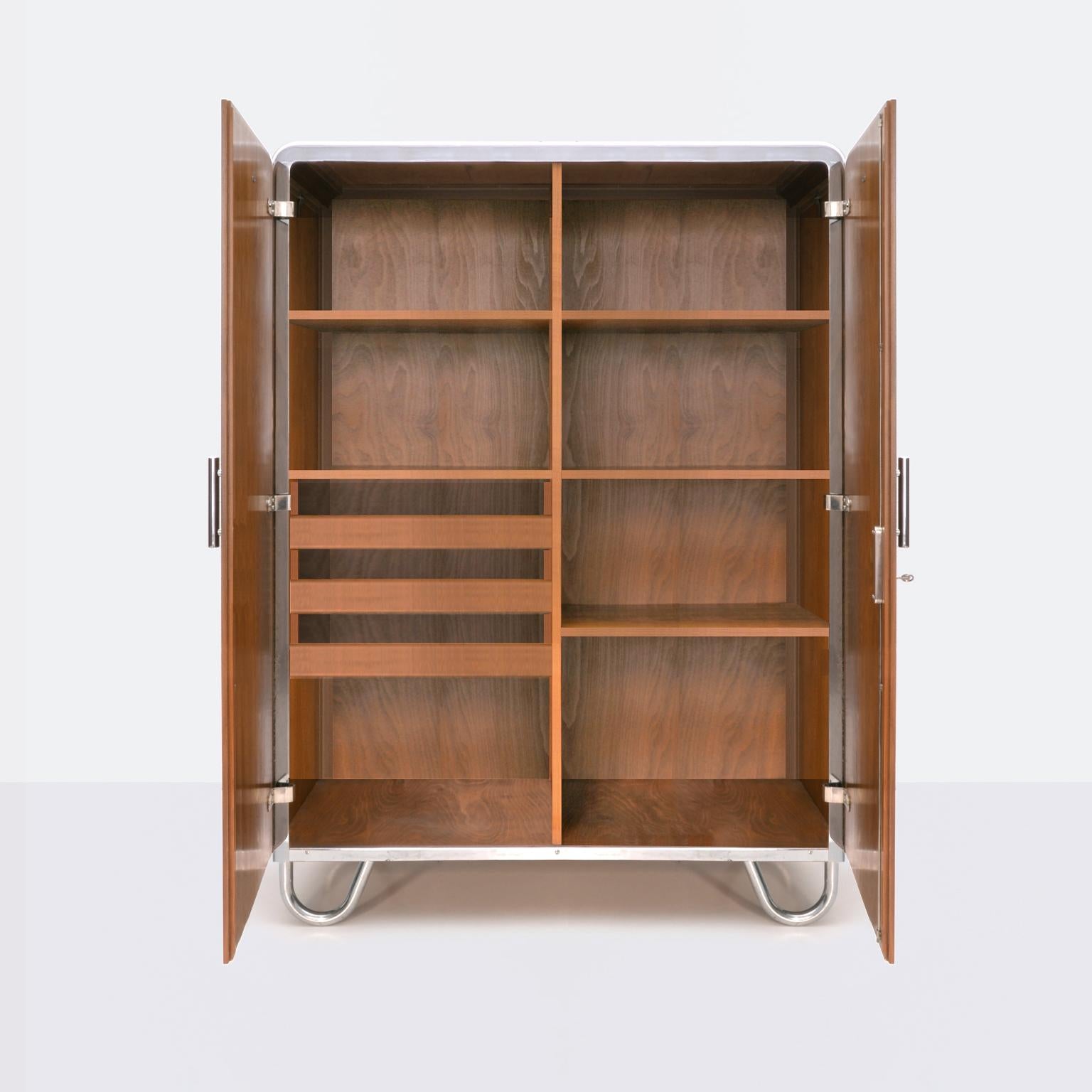 Art Deco Modernist Cabinet Made Of Chrome Plated Metal And Walnut Veneer, c. 1930 For Sale