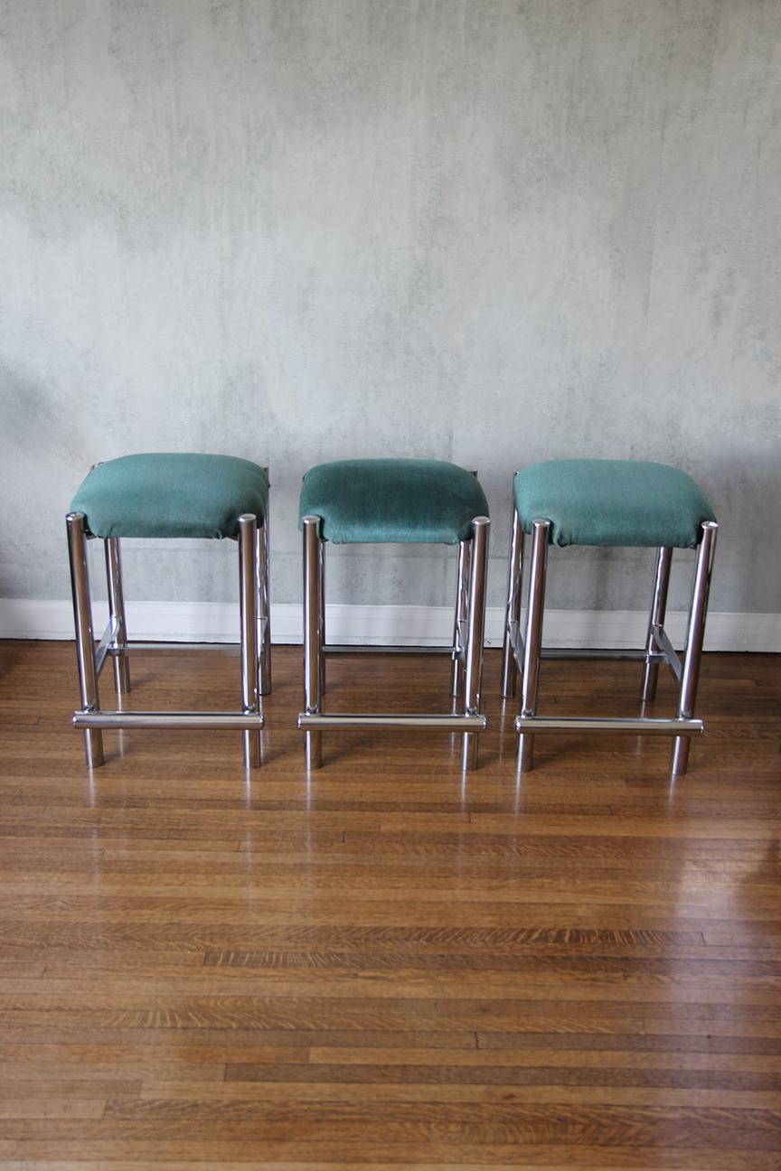 American Modernist Cal-Style Chrome Counter Stools Set of 3 For Sale