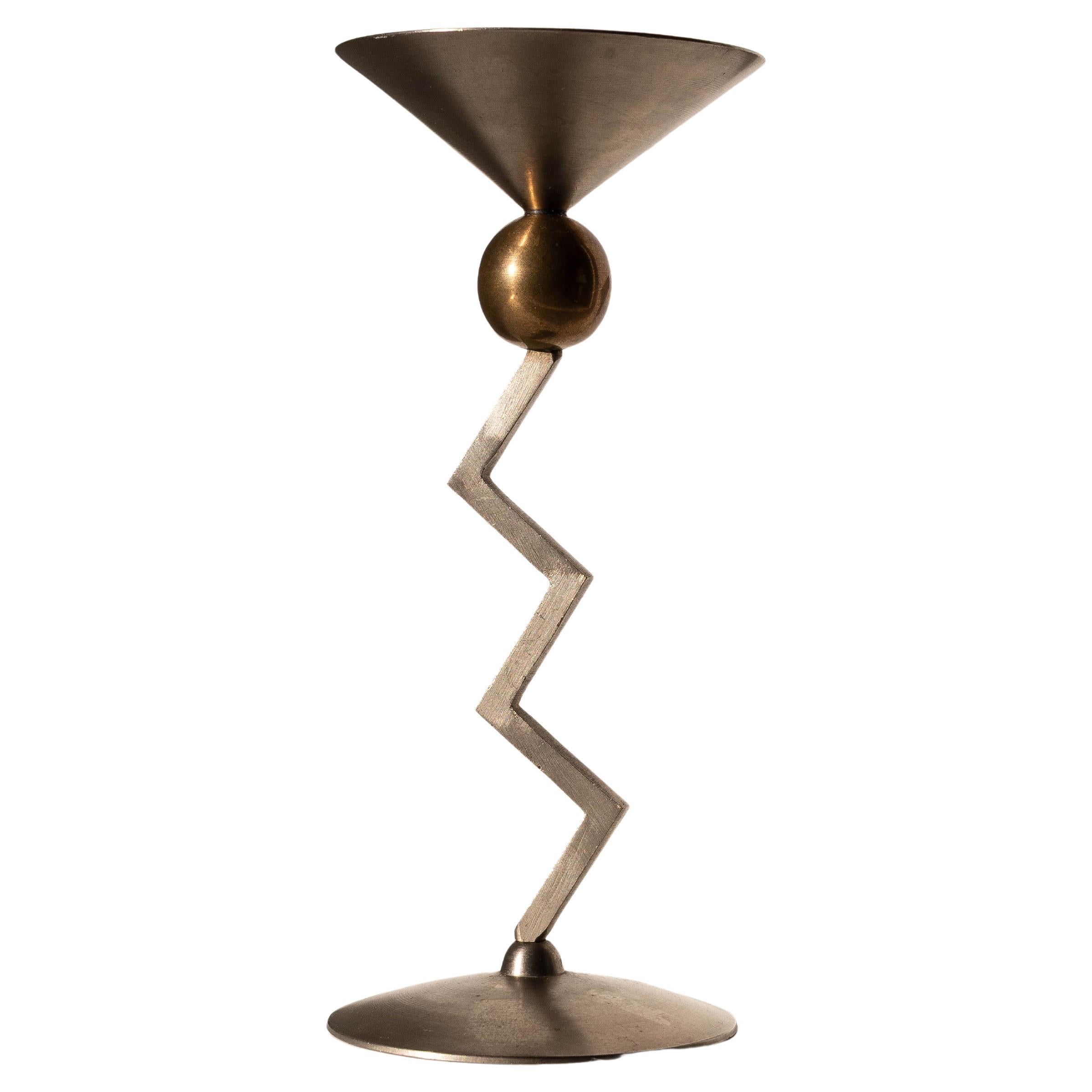 Modernist Candle Holder - Stainless Steel Brutalist Candlestick - Italy 1980s