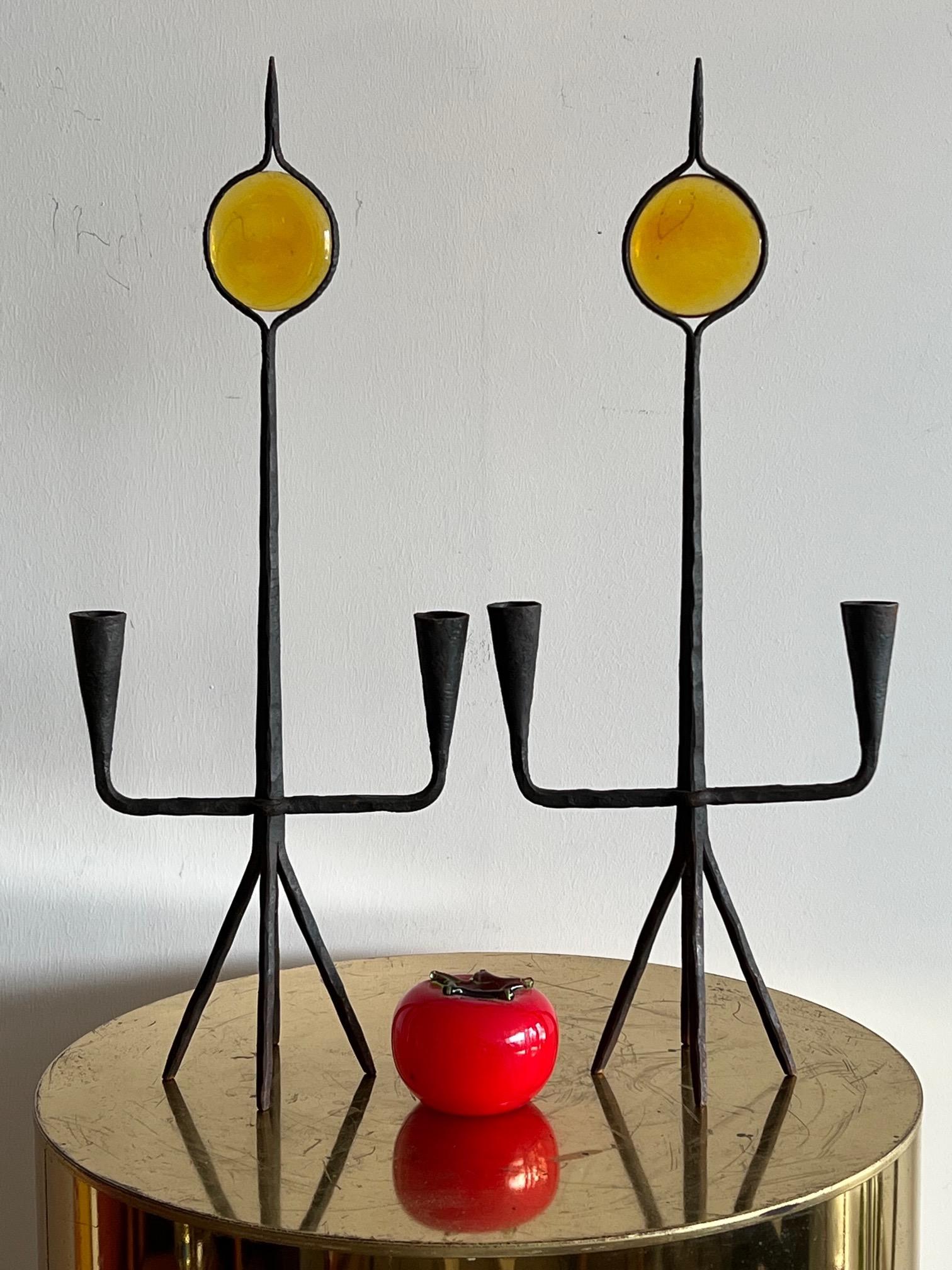 Swedish Modernist Candle Holders Kosta Boda Amber Glass For Sale