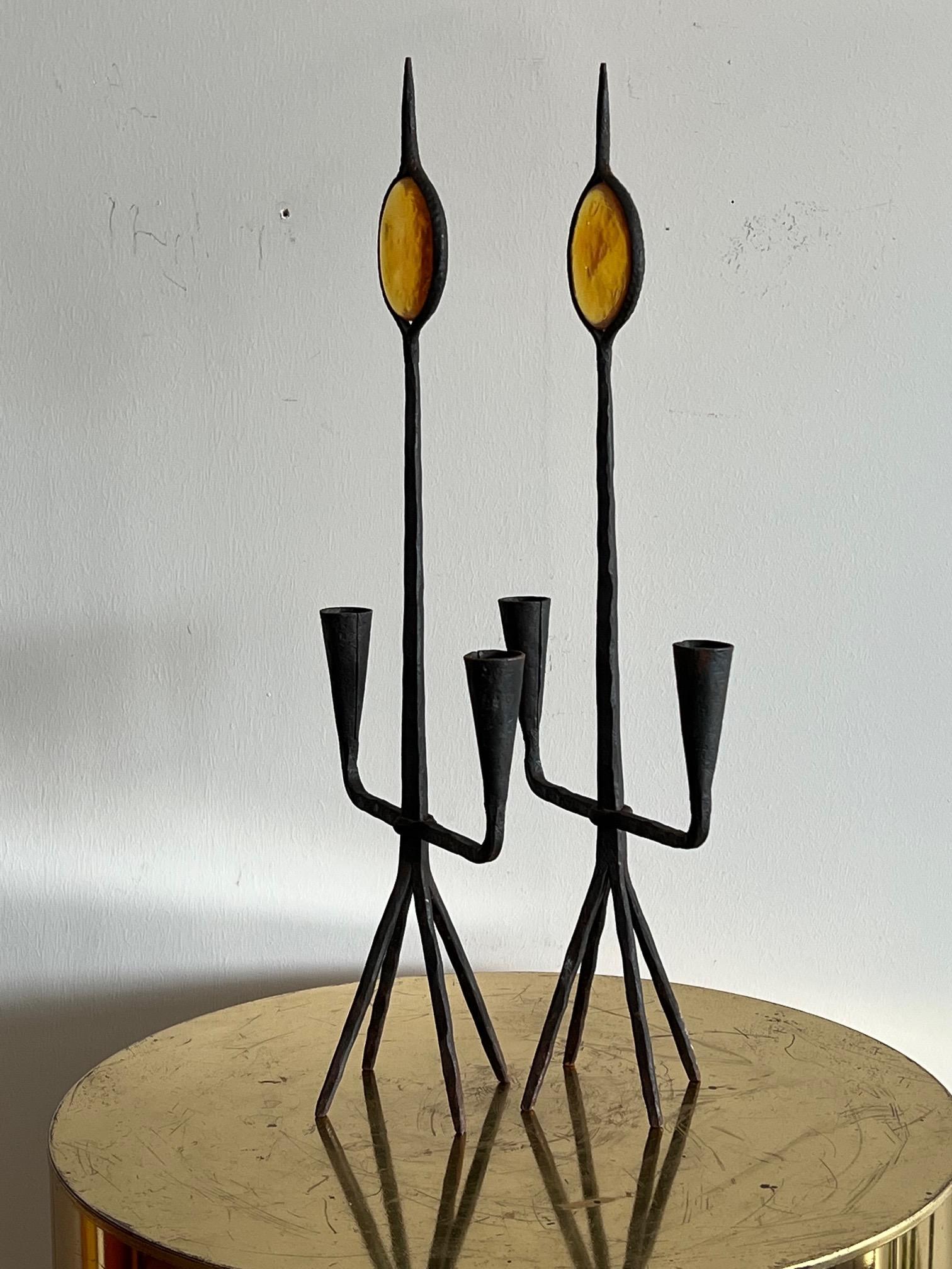 Art Glass Modernist Candle Holders Kosta Boda Amber Glass For Sale