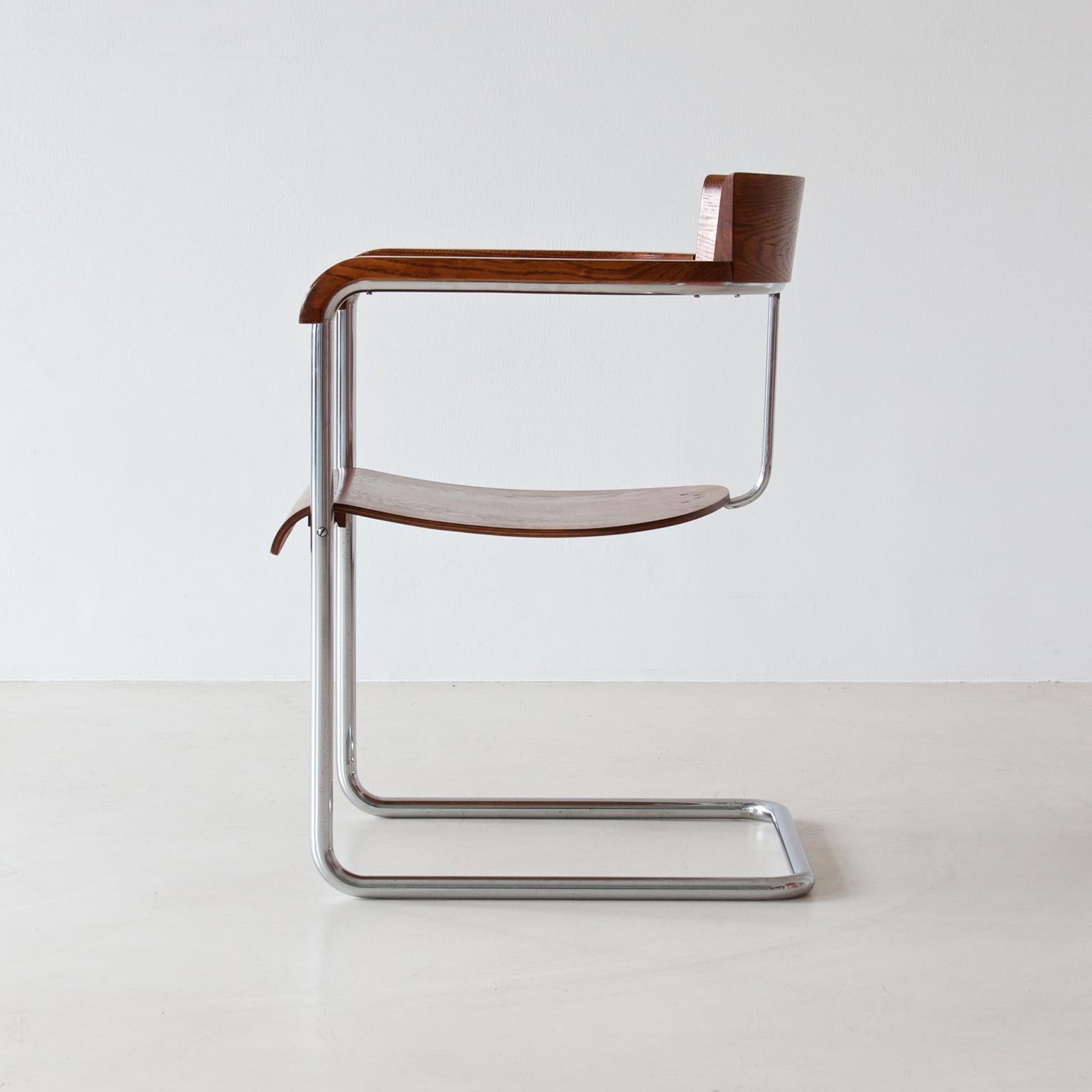 Contemporary Modernist Cantilever Armchair by Jindrich Halabala, Chromed Metal, Veneered Wood For Sale