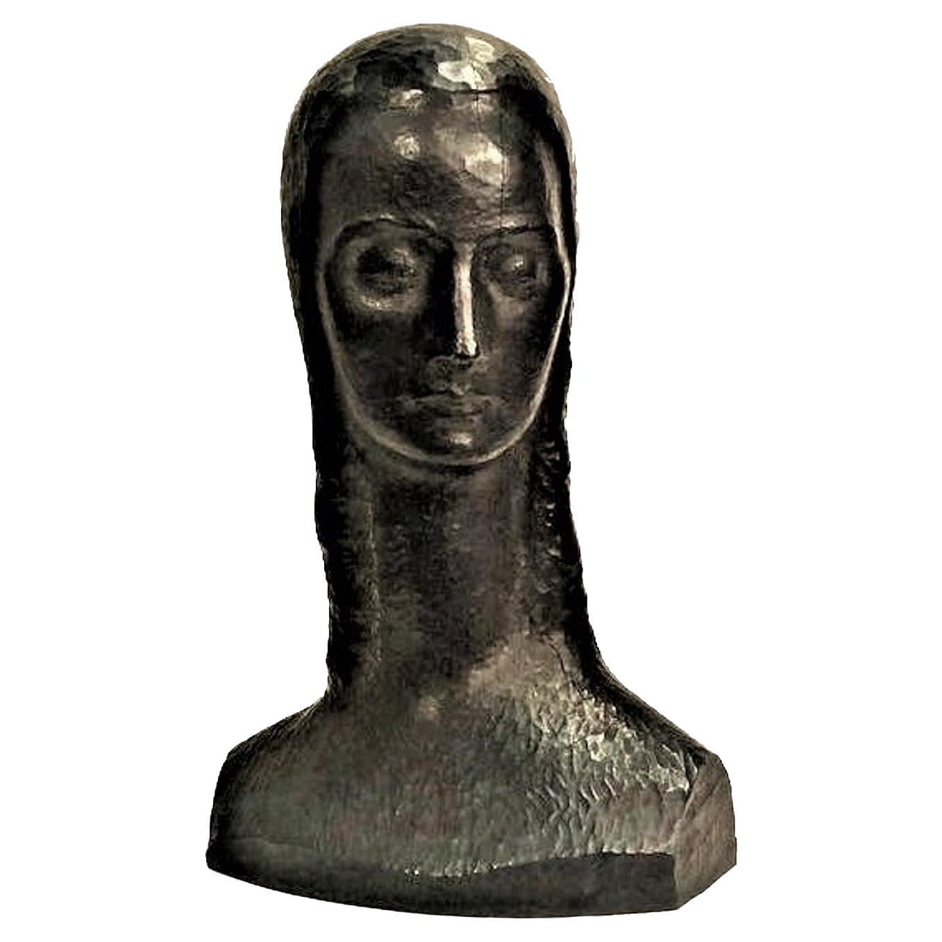 Modernist Carved Ebonized Wood Female Bust, ca. 1950 For Sale