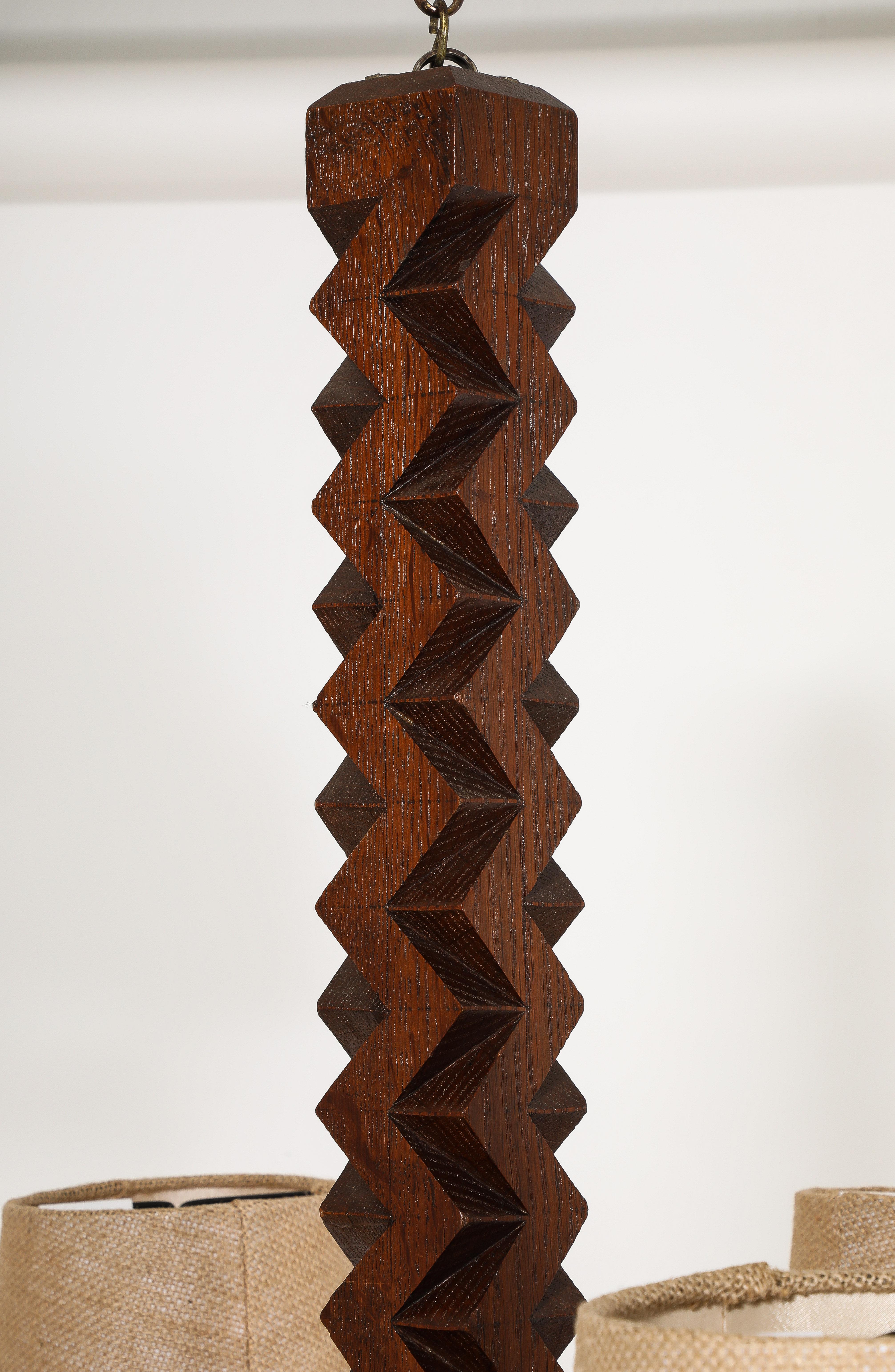 Brutalist Modernist Carved Oak Pendant, France 1940's For Sale