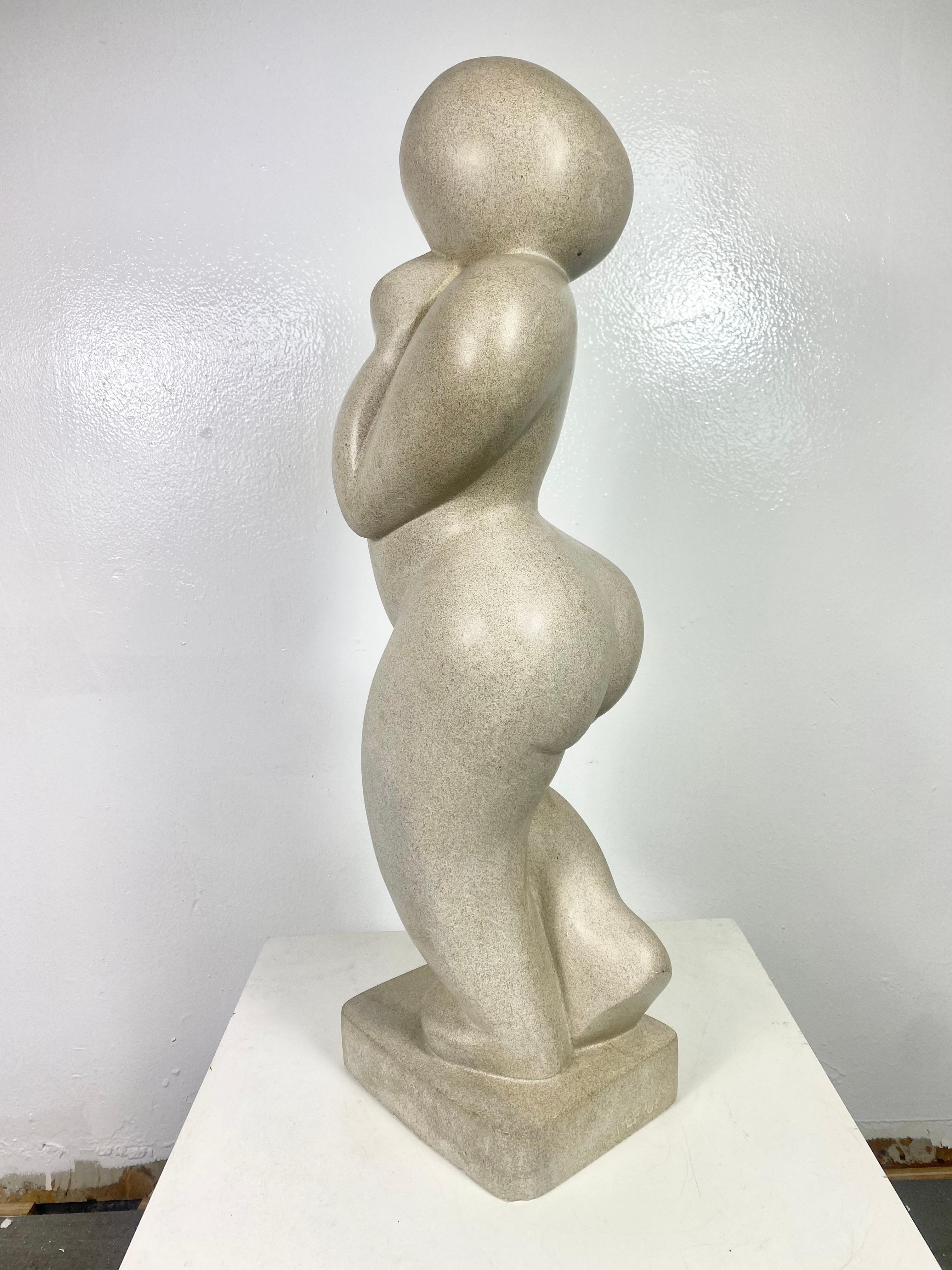 Modernist carved stone figurative sculpture.W.P.A.style, signed M E F '01? Amazing form, proportion, Extremely well executed. Skilled artist for sure.