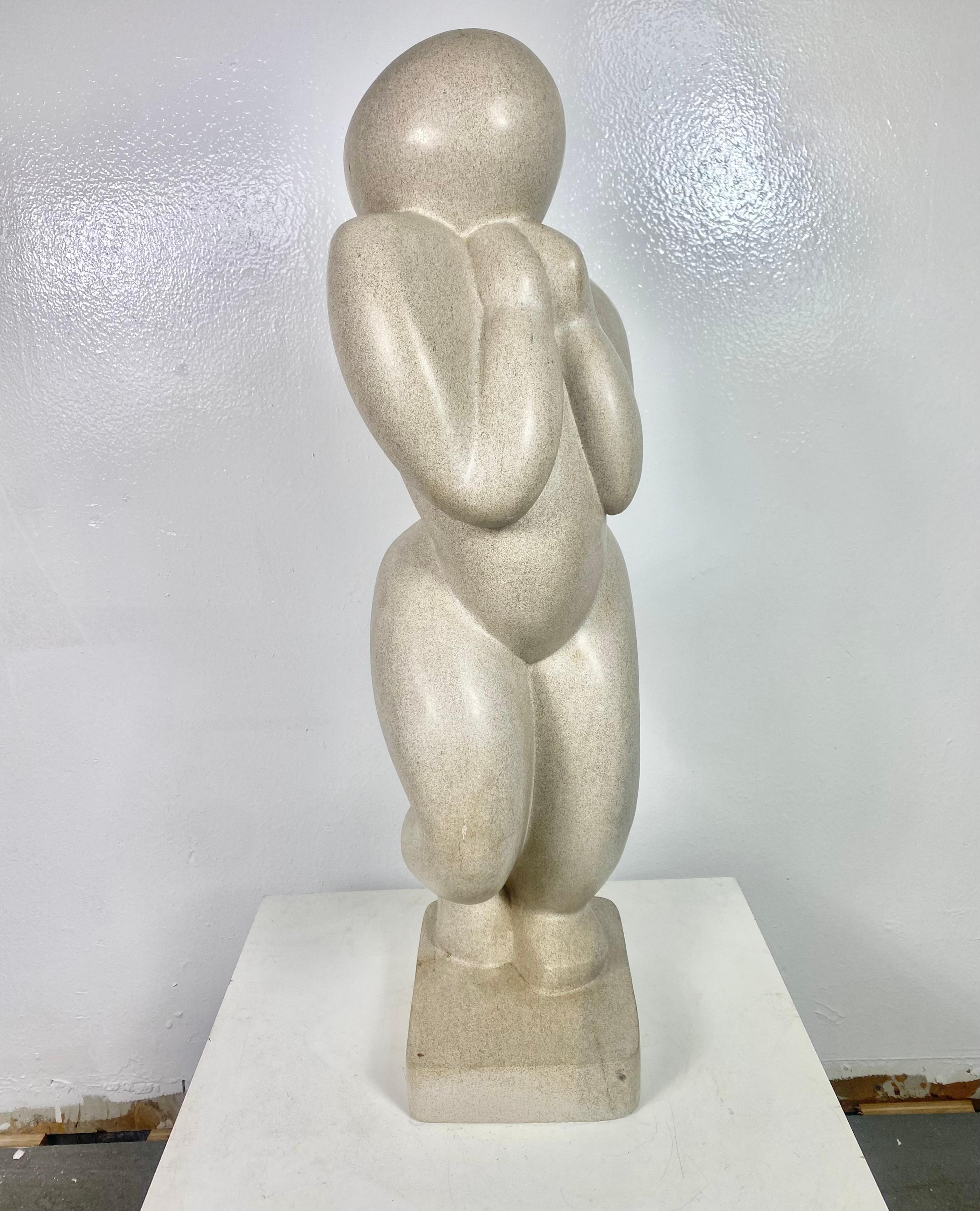 Unknown Modernist Carved Stone Figurative Sculpture, W.P.A.Style, Signed M E F '01 For Sale