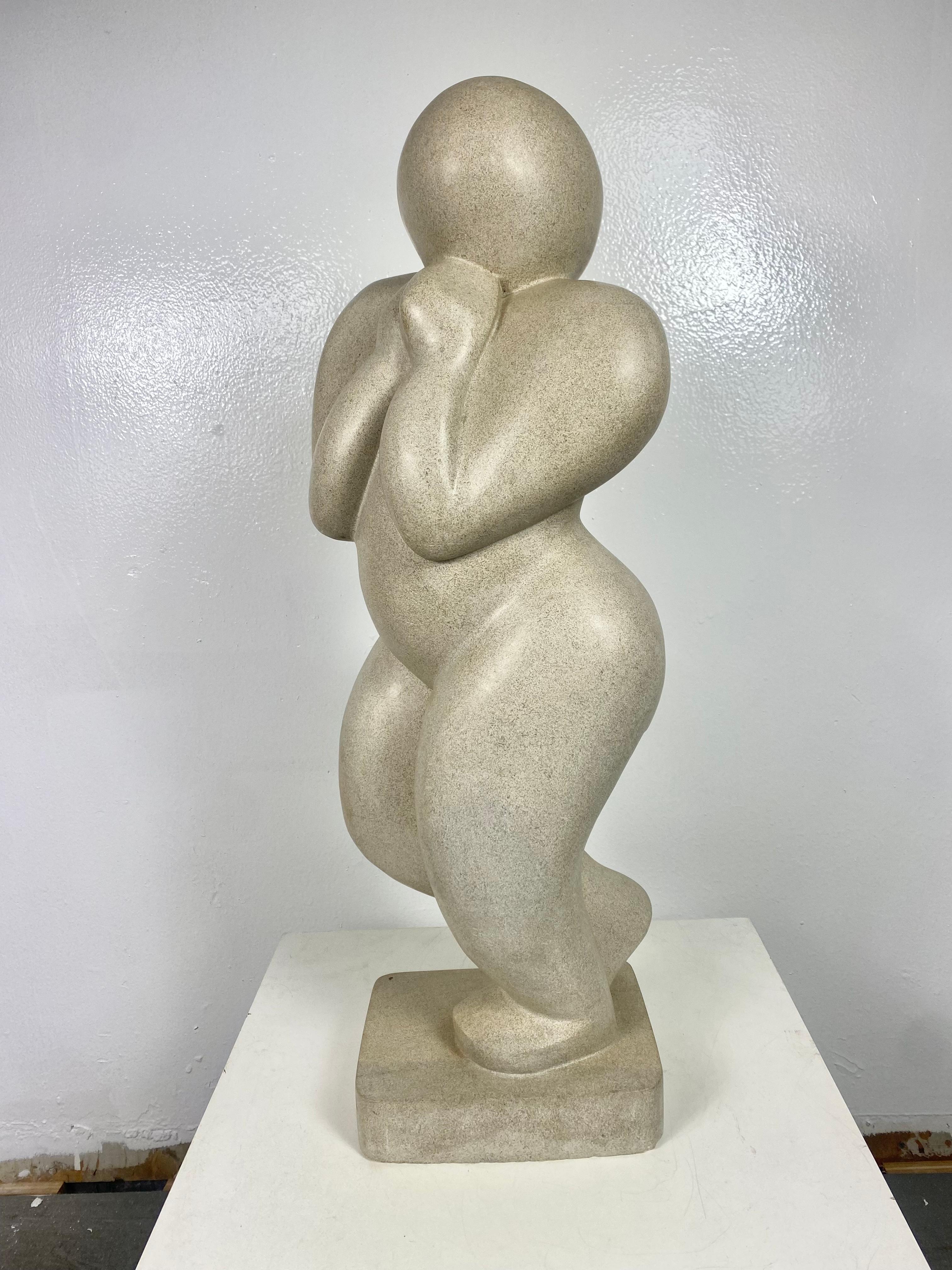 Hand-Carved Modernist Carved Stone Figurative Sculpture, W.P.A.Style, Signed M E F '01 For Sale