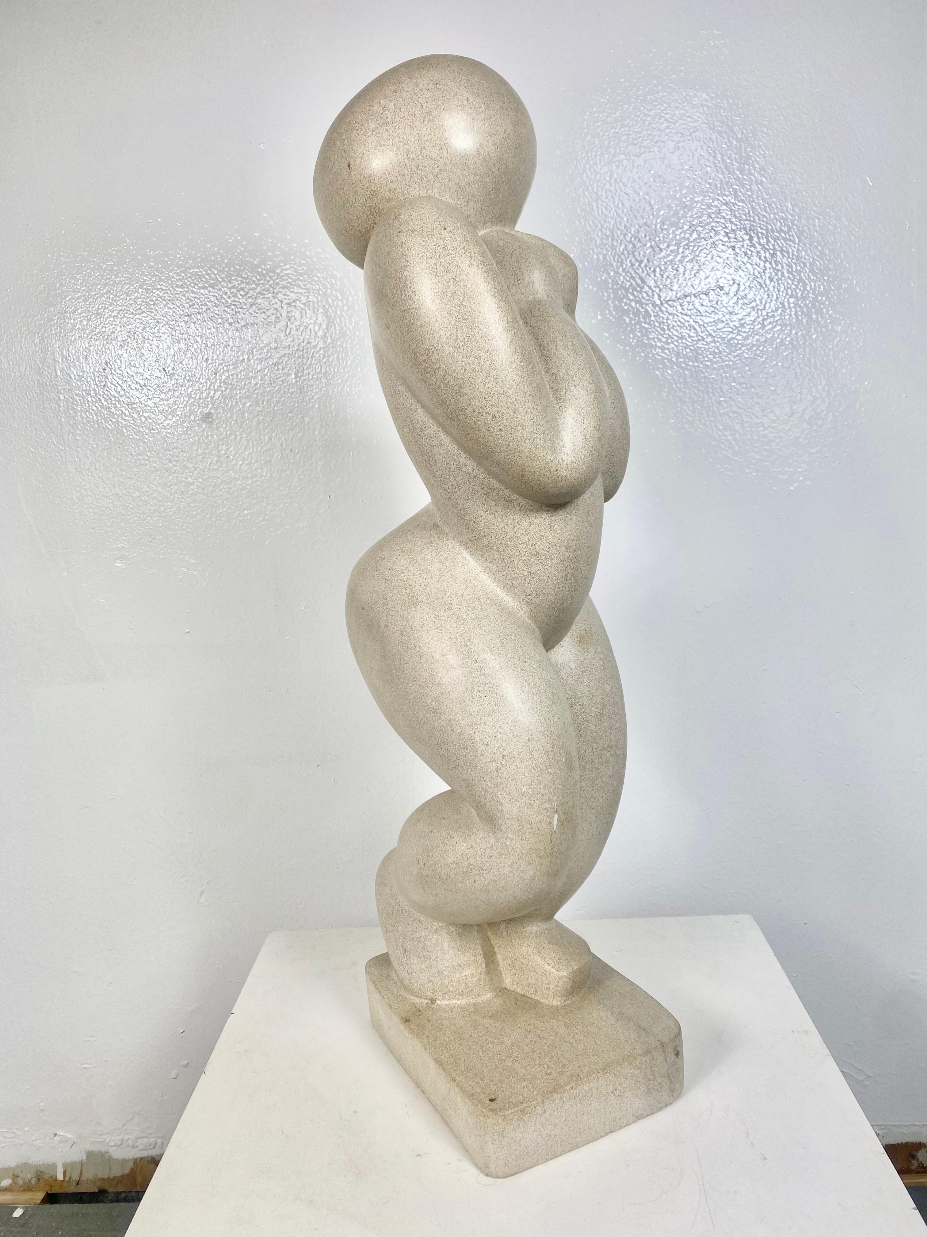 Modernist Carved Stone Figurative Sculpture, W.P.A.Style, Signed M E F '01 In Good Condition For Sale In Buffalo, NY