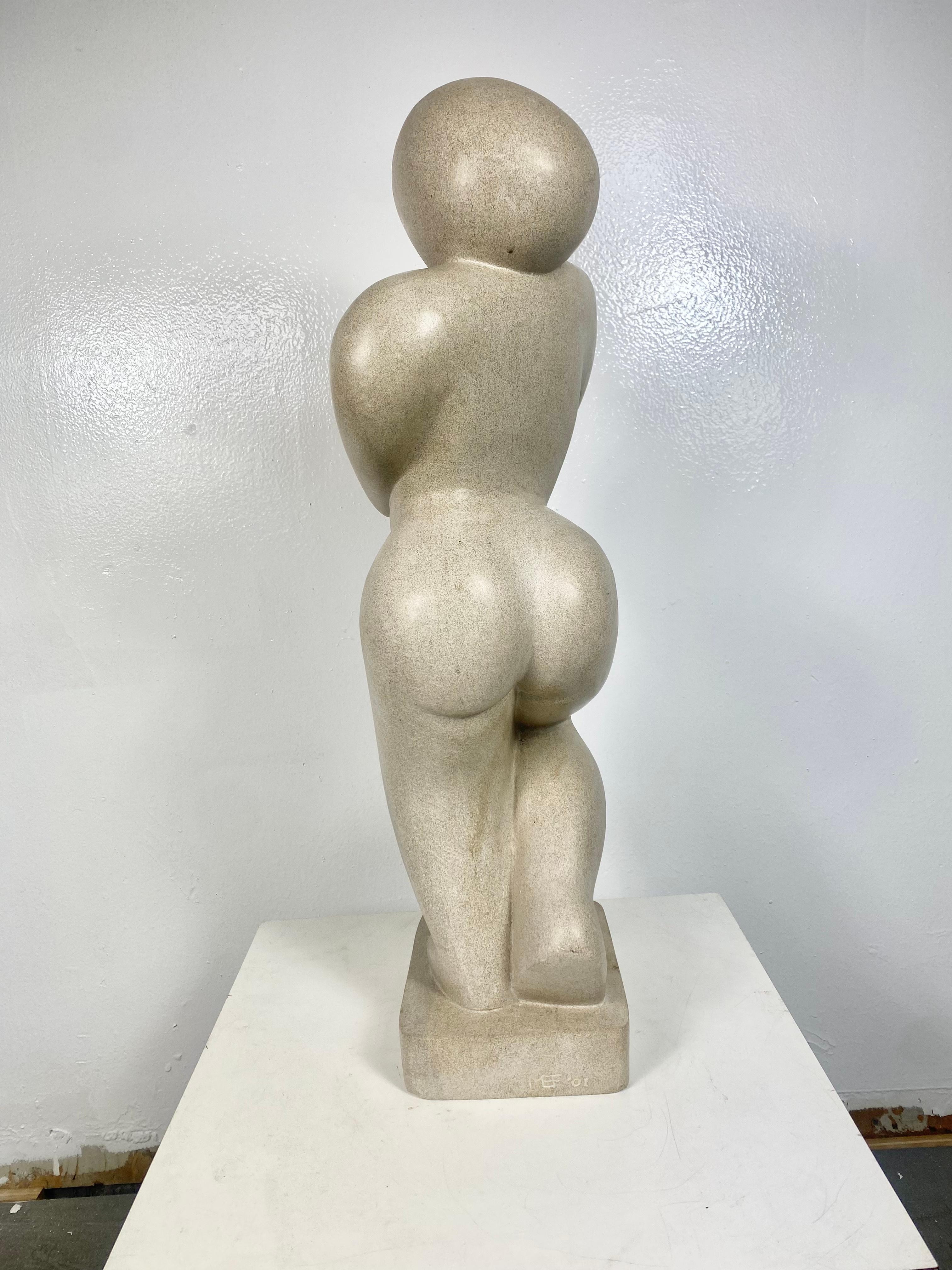 Contemporary Modernist Carved Stone Figurative Sculpture, W.P.A.Style, Signed M E F '01 For Sale