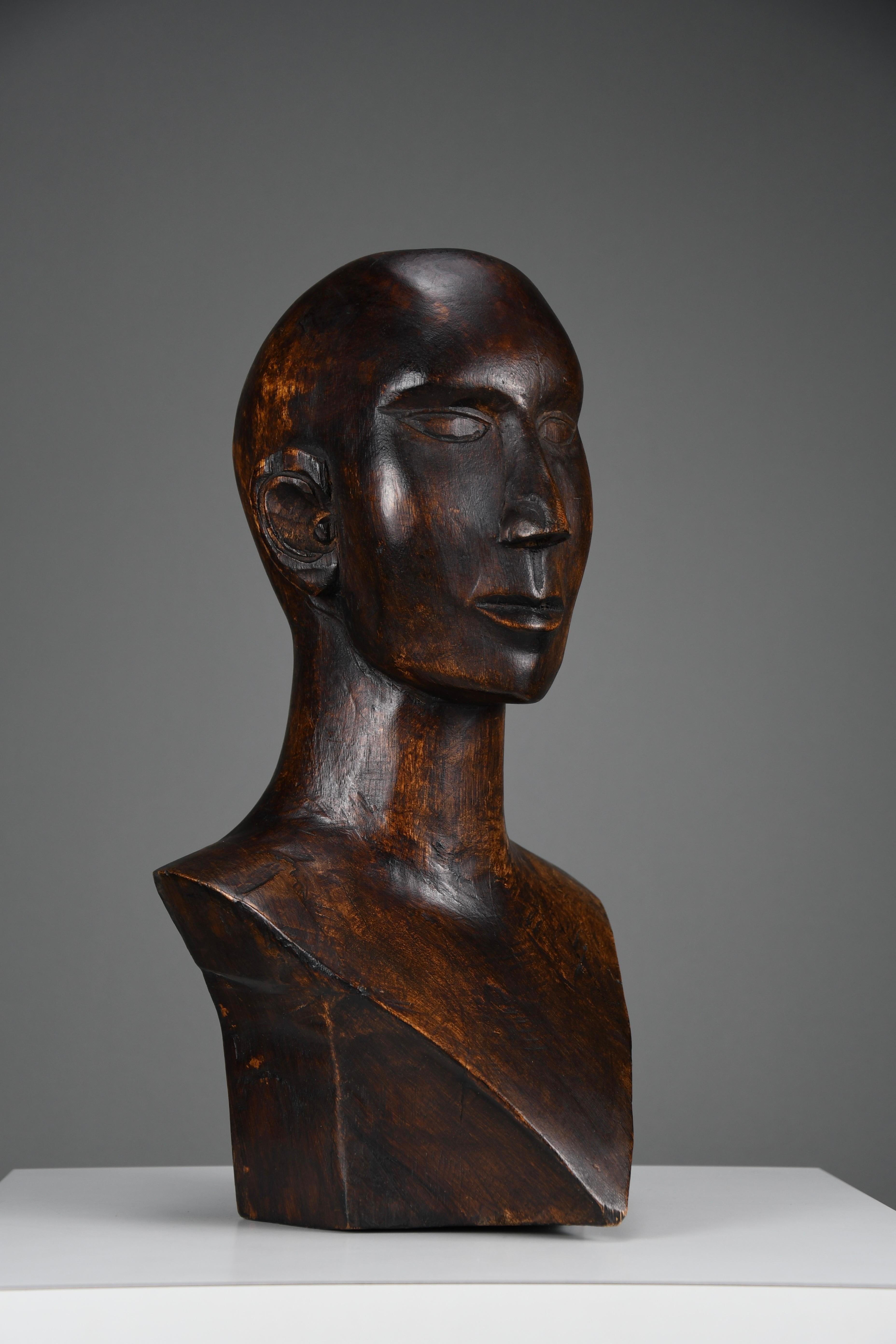 Modernist Carved Wooden Bust, ca. Mid-20th Century For Sale 8