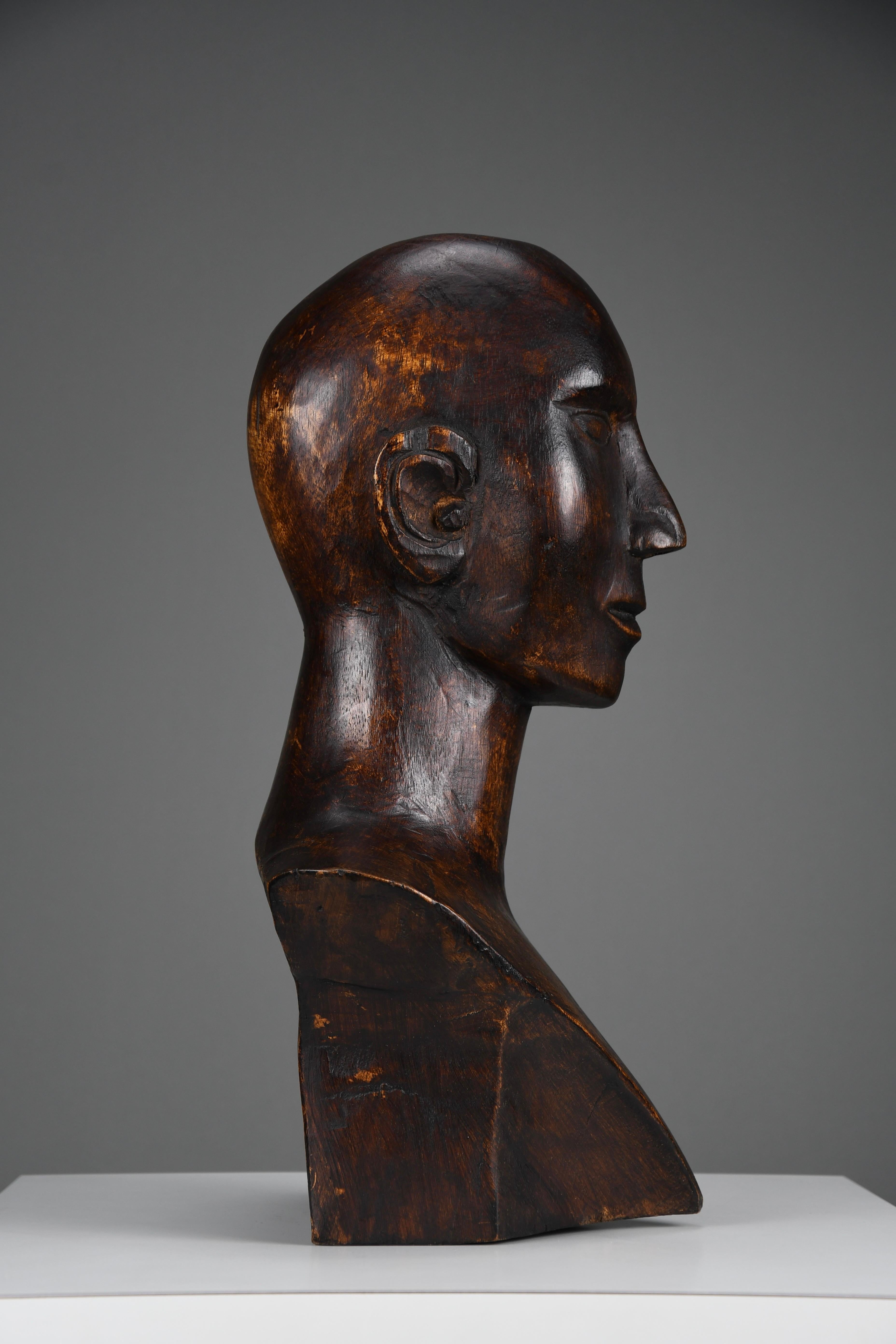 Modernist Carved Wooden Bust, ca. Mid-20th Century For Sale 2
