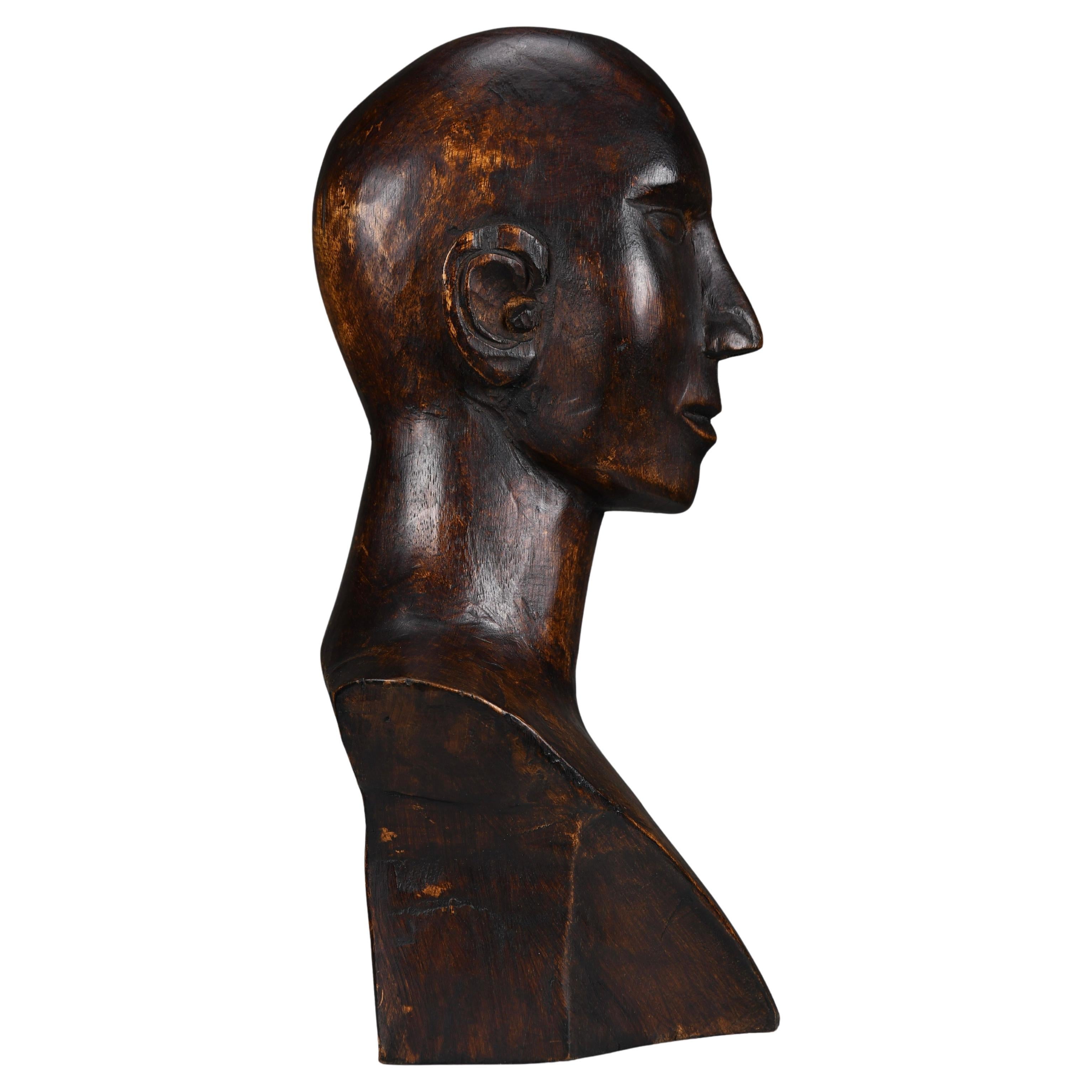 Modernist Carved Wooden Bust, ca. Mid-20th Century For Sale